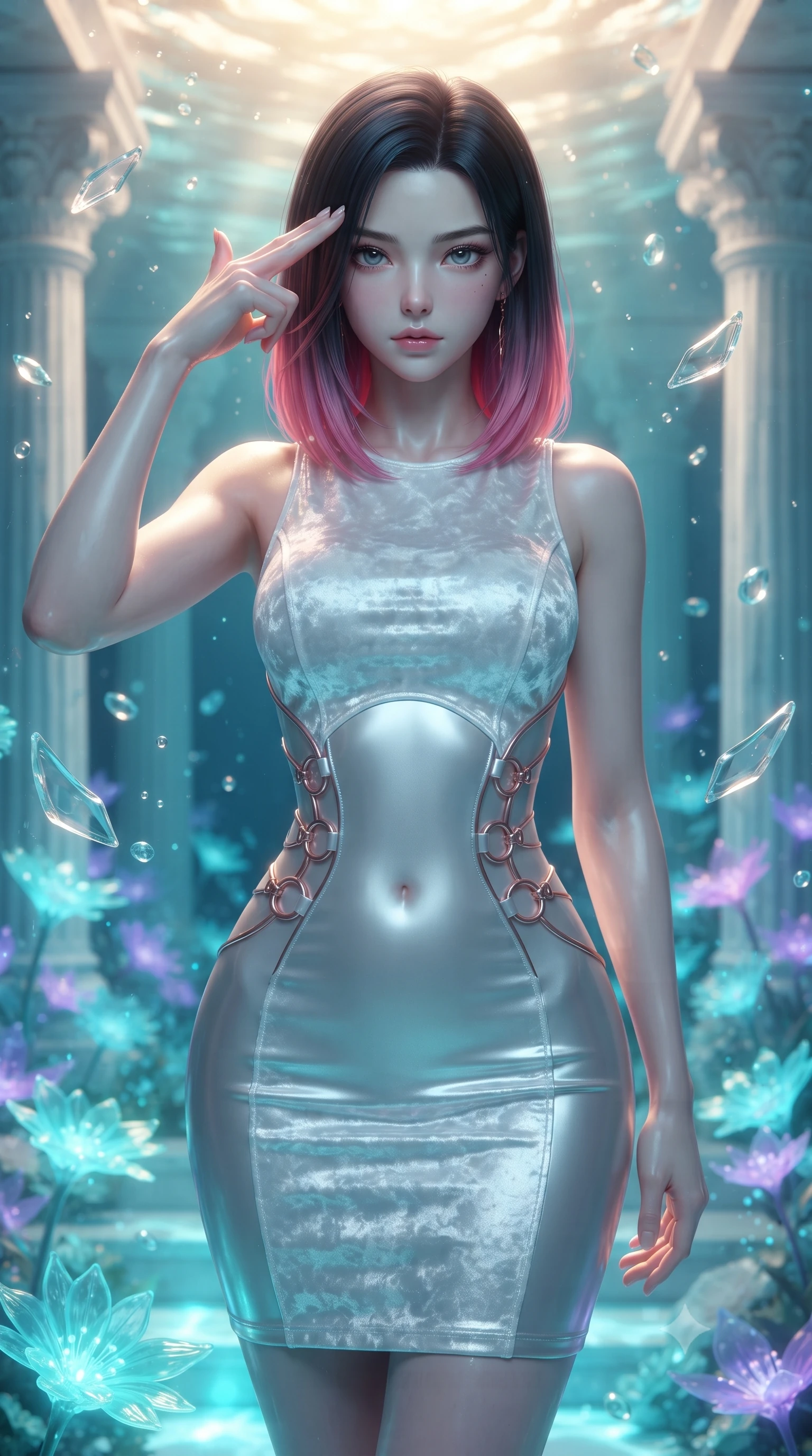 score_9, masterpiece, best quality, ultra-detailed, high-budget anime keyframe, editorial fashion photography, tasteful artistic composition, Korean woman. close-up cowboy shot from the waist and thighs up, the character dominates the composition, filling the frame with her large presence, background elements kept in soft focus. Pressing two fingers to her temple in a composed, sharp thoughtful gesture, standing on a sunken white marble colonnade underwater surrounded by bioluminescent sea-flowers, translucent sea glass fragments drifting gracefully around her. She has an exceptionally elegant, slender, and willowy female figure with an ultra-slim waist, a gracefully sculpted slender torso, and a refined silhouette. sharp v-shaped jawline, high-bridge nose, intricate jewel-like eyes with depth, thick eyelashes, glossy lips with a natural sheen. wearing precision-fitted bodycon dress in high-gloss liquid pearl vinyl in metallic silver, made of crushed white silk velvet, trimmed with rose-gold ring hardware along the waist contours, sculpting her athletic slender build with refined precision. illuminated by luminous aqua bioluminescence and warm golden top rays. highly saturated vibrant anime colors, detailed shading with soft gradients, rich glossy textures, high-contrast stereoscopic depth, volumetric dynamic lighting, master piece, 9:16 ratio