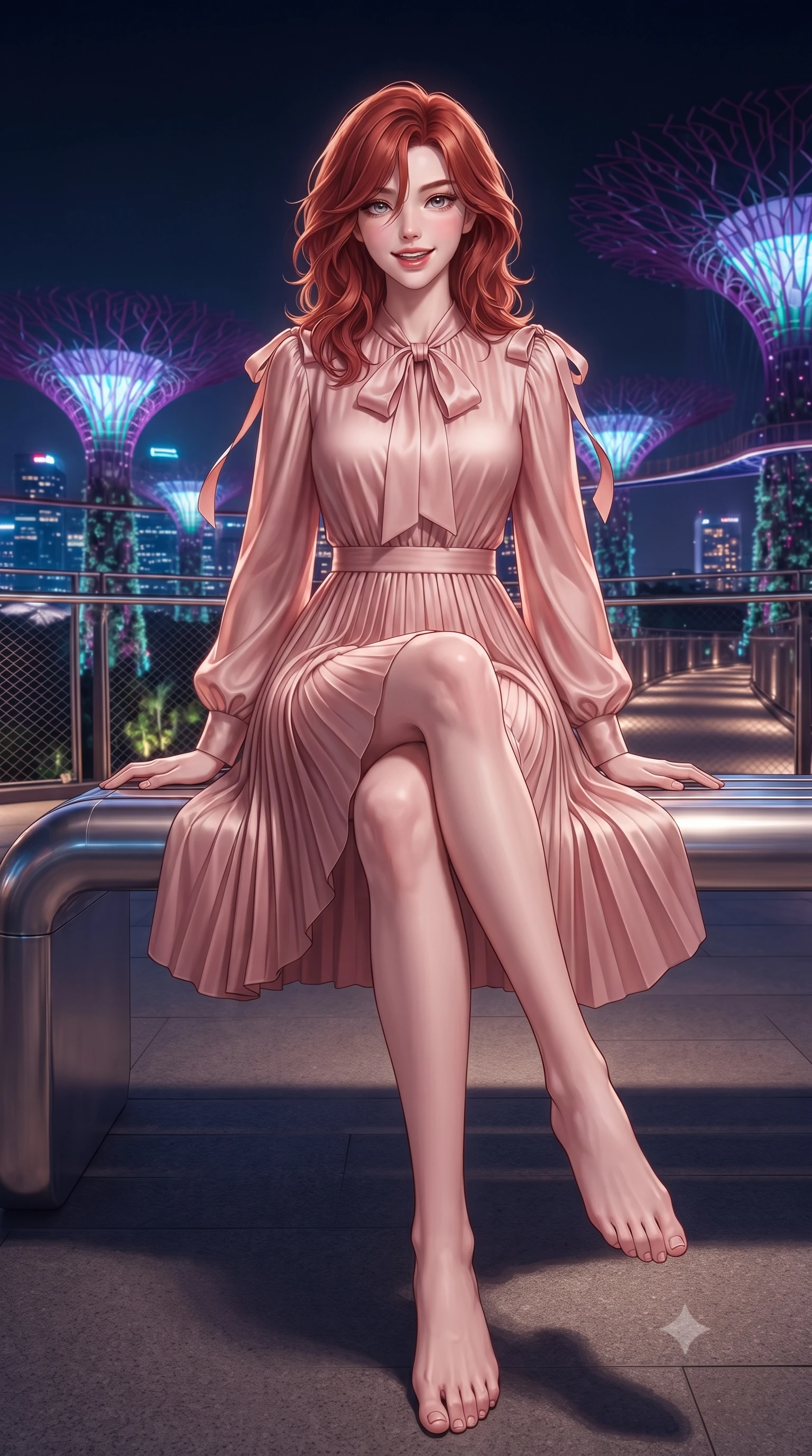 score_9, masterpiece, best quality, ultra-detailed, high-budget anime keyframe, editorial fashion photography, tasteful artistic composition, Korean woman. low angle full-body shot from head to toe showing her feet, filling the entire 9:16 vertical frame with her statuesque presence, stretching her vertical silhouette. stepping slowly toward the camera with hypnotic grace, hips swaying in an alluring sensual rhythm that accentuates her curvy hourglass silhouette and long slender legs while sitting perched gracefully on the bridge bench with legs crossed, flashing a radiant, playful smile with parted glossy lips. The surrounding environment is rendered in vivid detail and crisp panoramic clarity: detailed garment cut, fabric cling, and bio-futuristic engineering in high resolution. She has an exceptionally tall and slender model-like 8.5-heads proportion, an ultra-slim waist, a flat toned midriff, narrow delicate ribcage, and beautifully sculpted feminine hips creating a graceful, slim hourglass silhouette without any bulky heaviness, with impossibly long slender legs. sharp v-shaped jawline, high-bridge nose, intricate jewel-like sparkling eyes with depth, thick eyelashes, glossy parted lips with a natural peach sheen, bright cheerful beaming smile with an enchanting and coquettish sensual glint, exuding both youthful cute charm and seductive allure, flawlessly proportioned anatomical accuracy, strict slender model proportions, natural body alignment, perfectly sculpted long slender limbs, ultra-slim waistline, clean dynamic posture without body distortion. wearing an elegant long-sleeve silk georgette tea dress with pleated A-line skirt and neck pussy-bow in Grasse centifolia rose petal blush and burnished copper, crafted from bespoke double-faced cashmere with an exceptionally soft tactile finish, finished with satin ribbon ties at the shoulders fluttering in the gentle breeze, the bespoke structured tailoring following the natural line of her 8.5-heads silhouette with refined elegance. bathed in the saturated violet-and-cyan 4000K luminescence of Supertree LED light shows mixed with warm skyway pathway glows. ultra-reflective glossy finish, specular highlights, rich textural contrasts, high-contrast stereoscopic depth, volumetric dynamic lighting, 2k, ultra detail, master piece, 9:16 ratio