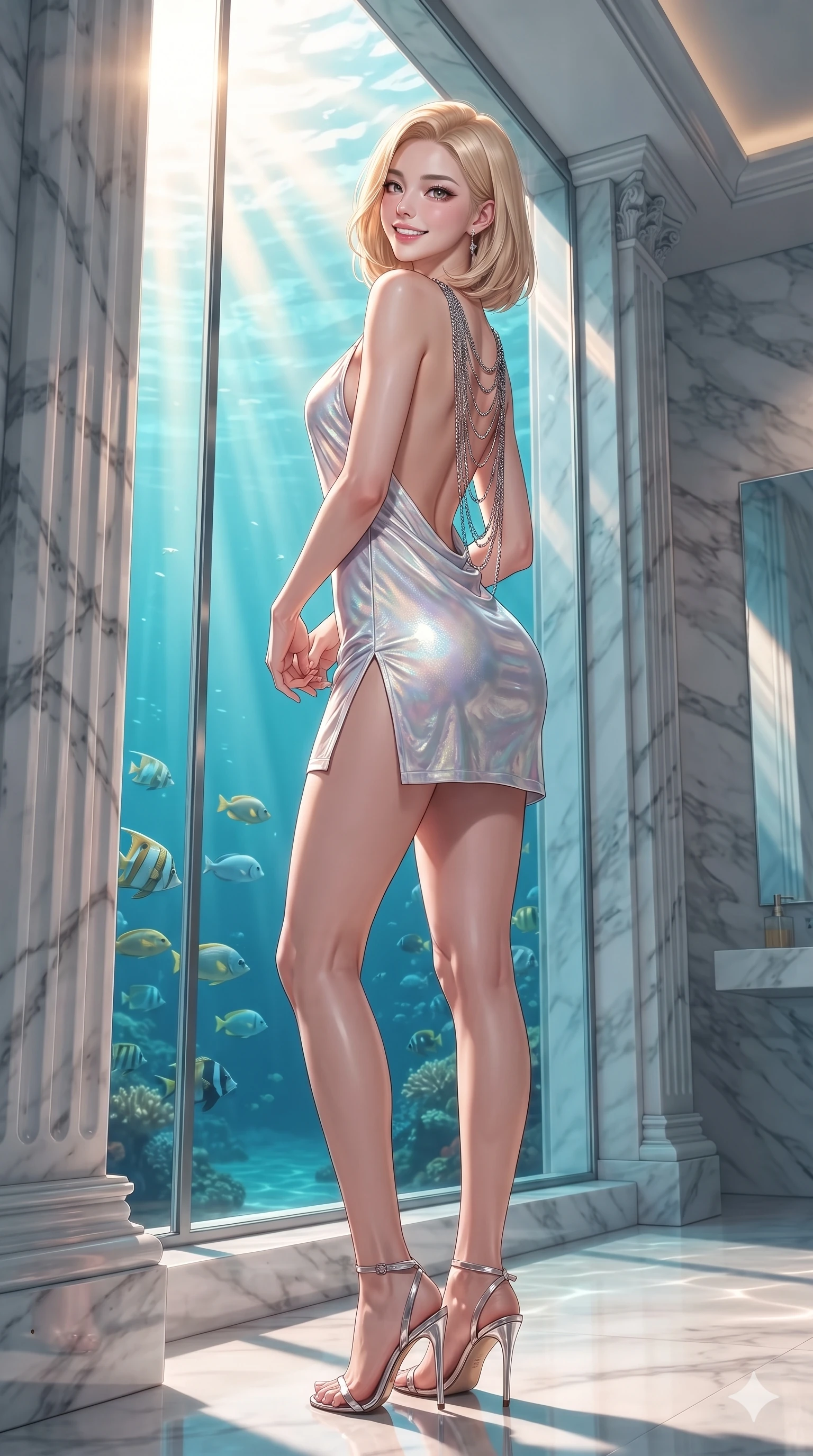 score_9, masterpiece, best quality, ultra-detailed, high-budget anime keyframe, editorial fashion photography, tasteful artistic composition, Korean woman. low angle full-body shot from head to toe showing her feet, filling the entire 9:16 vertical frame with her statuesque presence, stretching her vertical silhouette. posing in a classic haute-couture S-curve stance beside the floor-to-ceiling window, looking over a bare shoulder with magnetic presence while twisting her slender torso in an alluring S-curve, dancing golden water caustics caressing her flat midriff and hourglass curves. The surrounding environment is rendered in vivid detail and crisp panoramic clarity: sharp fluted Carrara marble column fractures, swimming tropical reef fish details, and razor-sharp caustic wave nets on stone in deep focus. She has an exceptionally tall and slender model-like 8.5-heads proportion, an ultra-slim waist, a flat toned midriff, narrow delicate ribcage, and beautifully sculpted feminine hips creating a graceful, slim hourglass silhouette without any bulky heaviness, with impossibly long slender legs. sharp v-shaped jawline, high-bridge nose, intricate jewel-like sparkling eyes with depth, thick eyelashes, glossy parted lips with a natural peach sheen, bright cheerful beaming smile with an enchanting and coquettish sensual glint, exuding both youthful cute charm and seductive allure, flawlessly proportioned anatomical accuracy, strict slender model proportions, natural body alignment, perfectly sculpted long slender limbs, ultra-slim waistline, clean dynamic posture without body distortion. wearing a backless crushed velvet mini dress with a deep plunging neckline and hip-high thigh slit in iridescent mother-of-pearl and liquid molten silver, crafted from fluid liquid silk satin that clings smoothly to her narrow waist and rounded hips with a dewy sheen, accented with an open-back drape framed by falling strands of delicate chrome chains, the form-contouring silhouette accentuating her sculpted flat midriff, narrow delicate ribcage, and gracefully curvy hips with intoxicating allure. bathed in blinding warm golden midday sunbeams slicing through cool turquoise water. ultra-reflective glossy finish, specular highlights, rich textural contrasts, high-contrast stereoscopic depth, volumetric dynamic lighting, 2k, ultra detail, master piece, 9:16 ratio