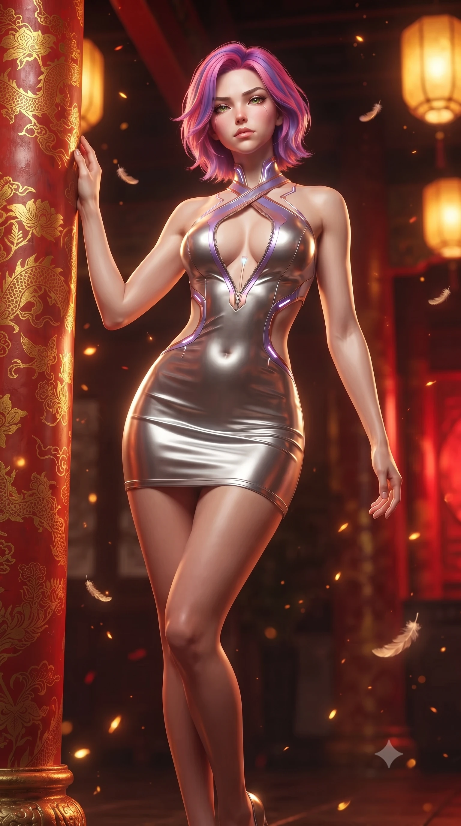 score_9, masterpiece, best quality, ultra-detailed, high-budget anime keyframe, editorial fashion photography, tasteful artistic composition, Caucasian woman. low angle full-body shot from head to toe showing her feet, filling the entire 9:16 vertical frame with her statuesque presence, stretching her vertical silhouette. pivoting dynamically in mid-motion with a breathtakingly alluring posture, displaying her flawless model proportions and ultra-slim waist while leaning against an antique vermilion column with a haughty, smoldering gaze amidst floating golden embers and feathers. The surrounding environment is rendered in vivid detail and crisp panoramic clarity. vibrant contrast between imperial scarlet, pure gold leaf, and deep shadows in panoramic precision. She has an absolutely perfect, statuesque 8.5-heads proportion, an exceptionally tall and slender model-like female figure with impossibly long slender legs, a toned flat midriff, and an ultra-slim waist. sharp v-shaped jawline, high-bridge nose, intricate jewel-like eyes with depth, thick eyelashes, glossy lips with a natural sheen, flawlessly proportioned anatomical accuracy, strict slender model proportions, natural body alignment, perfectly sculpted long slender limbs, ultra-slim waistline, clean dynamic posture without body distortion. wearing a molten silver liquid-metal mini dress featuring deep side-waist cutouts and a daring crossover halter neckline in luminous lavender violet and rose gold, made of liquid metal jersey that clings flawlessly to every contour of her build, featuring a dangerously unzipped neckline framed by glowing cybernetic accents, the sleek second-skin cut tightly hugging her graceful clavicle, narrow waist, and feminine curves with athletic precision. bathed in warm golden lantern radiance and dramatic crimson ambient backlighting. ultra-reflective glossy finish, specular highlights, metallic sheen, high-contrast stereoscopic depth, volumetric dynamic lighting, 2k, ultra detail, master piece, 9:16 ratio