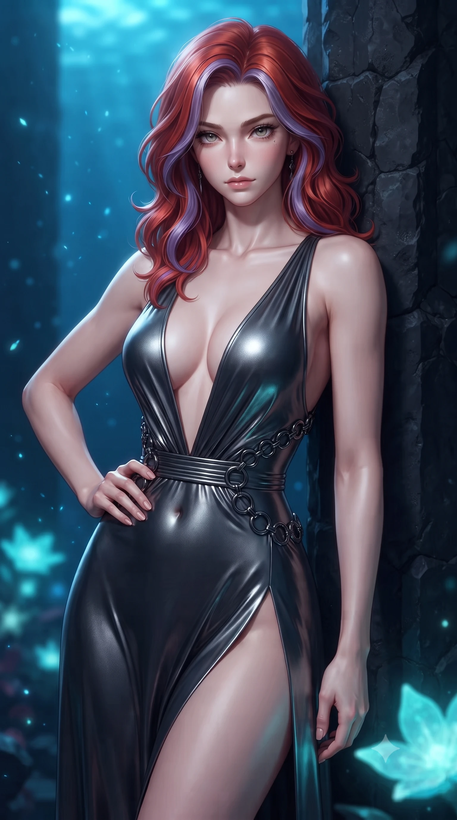 score_9, masterpiece, best quality, ultra-detailed, high-budget anime keyframe, editorial fashion photography, tasteful artistic composition, Caucasian woman. close-up cowboy shot from the waist and thighs up, the character dominates the composition, filling the frame with her large presence, background elements kept in soft focus. Holding a confident power pose with one hand on her hip, resting against a dark basalt pillar as deep blue underwater sparks drift by, glowing sea crystal blossoms casting eerie aqua glow. She has an exceptionally elegant, slender, and willowy female figure with an ultra-slim waist, a gracefully sculpted slender torso, and a refined silhouette. sharp v-shaped jawline, high-bridge nose, intricate jewel-like eyes with depth, thick eyelashes, glossy lips with a natural sheen. wearing deep plunging V-neckline midnight gown with daring high thigh slit in metallic dark silver, made of liquid dark mercury jersey, trimmed with dark chrome ring hardware along the waist contours, following her slender form with tailored precision. surrounded by an eerie underwater aura with sharp pearl rim highlights. highly saturated vibrant anime colors, detailed shading with soft gradients, rich glossy textures, high-contrast stereoscopic depth, volumetric dynamic lighting, master piece, 9:16 ratio