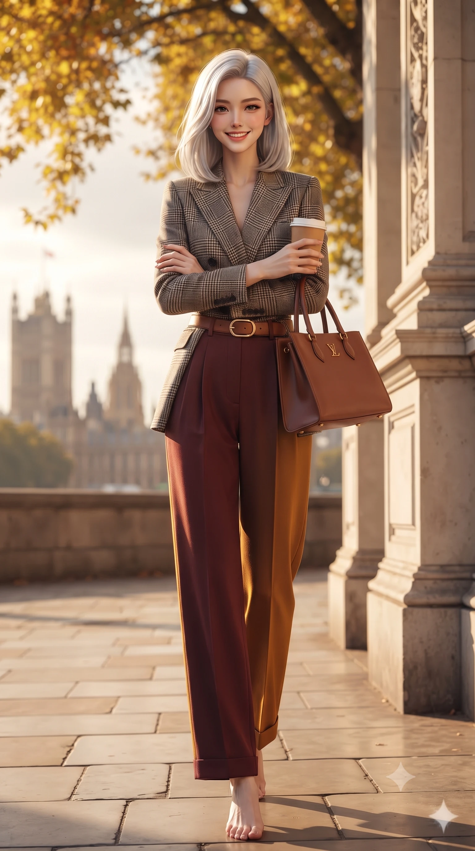 score_9, masterpiece, best quality, ultra-detailed, high-budget anime keyframe, editorial fashion photography, tasteful artistic composition, Korean woman. low angle full-body shot from head to toe showing her feet, filling the entire 9:16 vertical frame with her statuesque presence, stretching her vertical silhouette. leaning lightly against the sunlit architectural column with arms crossed loosely, flashing a warm, confident smile while walking forward with brisk supermodel poise, holding a warm paper coffee cup and leather tote bag with vibrant modern grace. The background shows a soft-focus distant London skyline spires softened in quintessential British autumn shallow focus. She has an exceptionally tall and slender model-like 8.5-heads proportion, an ultra-slim waist, a flat toned midriff, narrow delicate ribcage, and beautifully sculpted feminine hips creating a graceful, slim hourglass silhouette without any bulky heaviness, with impossibly long slender legs. sharp v-shaped jawline, high-bridge nose, intricate jewel-like sparkling eyes with depth, thick eyelashes, glossy parted lips with a natural peach sheen, bright cheerful beaming smile with an enchanting and coquettish sensual glint, exuding both youthful cute charm and seductive allure, flawlessly proportioned anatomical accuracy, strict slender model proportions, natural body alignment, perfectly sculpted long slender limbs, ultra-slim waistline, clean dynamic posture without body distortion. wearing a double-breasted Prince of Wales check tailored wool blazer paired with high-waisted pleated wide-leg trousers in rich Oxford burgundy and golden amber, woven from fine Australian merino wool with a smooth fluid drape and subtle sheen, finished with a smooth equestrian bridle-leather belt with a polished brass horseshoe buckle, the streamlined silhouette following her natural slender proportions with sophisticated poise, enhancing her tall willowy presence. bathed in crisp low-angle late-afternoon autumn sunlight filtering through a shimmering golden leaf canopy. ultra-reflective glossy finish, specular highlights, rich textural contrasts, high-contrast stereoscopic depth, volumetric dynamic lighting, 2k, ultra detail, master piece, 9:16 ratio