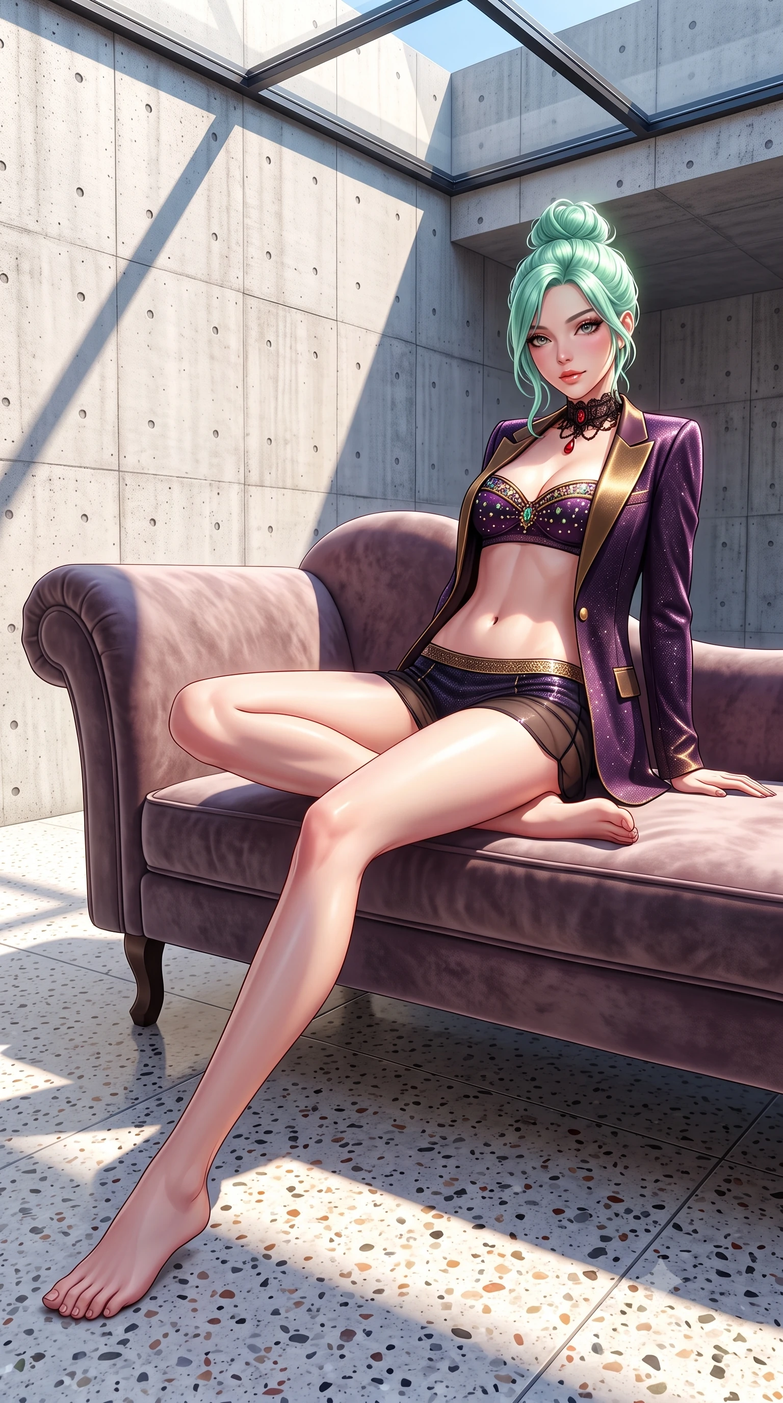 score_9, masterpiece, best quality, ultra-detailed, high-budget anime keyframe, semi-realistic 3D game render, editorial fashion photography, tasteful artistic composition, Japanese woman. low angle full-body shot from head to toe showing her feet, filling the entire 9:16 vertical frame with her statuesque presence, stretching her vertical silhouette. reclining gracefully across the plush chaise lounge with one leg extended, her sculpted silhouette and flat midriff radiating magnetic nocturnal glamour while twisting her slender torso in an alluring contrapposto stance, geometric sunlight beams cutting across her flat midriff and curvy hips. The surrounding environment is rendered in vivid detail and crisp panoramic clarity: sharp board-formed concrete tie-hole textures, polished terrazzo floor aggregate, and glass skylight mullions in deep focus. She has an absolutely perfect, statuesque 8.5-heads proportion, an exceptionally tall and slender model-like female figure with impossibly long slender legs, an ultra-slim waist, a flat toned midriff, narrow delicate ribcage, and beautifully sculpted feminine hips creating a graceful, slim hourglass silhouette without any bulky heaviness. sharp v-shaped jawline, high-bridge nose, sparkling eyes with hypnotic seductive depth, thick curled eyelashes, glossy parted lips with a natural dewy peach sheen, alluring bedroom-eyes with an enchanting coquettish smile, exuding magnetic siren charisma and sophisticated glamour, flawlessly proportioned anatomical accuracy, strict slender model proportions, natural body alignment, perfectly sculpted long slender limbs, ultra-slim waistline, clean dynamic posture without body distortion. wearing a tailored open-front minimal smoking blazer worn over a jewel-embellished bandeau and micro-shorts in dark plum violet and gilded bronze with sheer obsidian overlays, woven from stretch metallic lurex jersey casting radiant starlight glints across her silhouette, accented with an ornate black lace Victorian choker featuring a single blood-red teardrop garnet, the form-contouring silhouette accentuating her sculpted flat midriff, narrow delicate ribcage, and gracefully curvy hips with intoxicating allure. illuminated by white floor bounce fill and sharp platinum rim lights sculpting her razor-sharp jawline, narrow waist, and curvy hips. highly saturated vibrant anime colors, detailed shading with soft gradients, rich glossy textures, high-contrast stereoscopic depth, volumetric dynamic lighting, master piece, 9:16 ratio