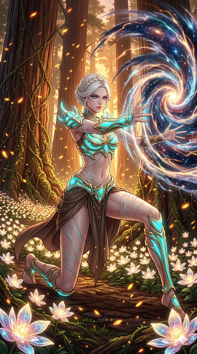 score_9, masterpiece, best quality, ultra-detailed, Set A: High-budget Anime Keyframe, Korean woman. Low angle cowboy shot filling the entire 9:16 frame with her statuesque presence. Theme: Abstract Cosmic. unleashing a massive energy wave in a giant