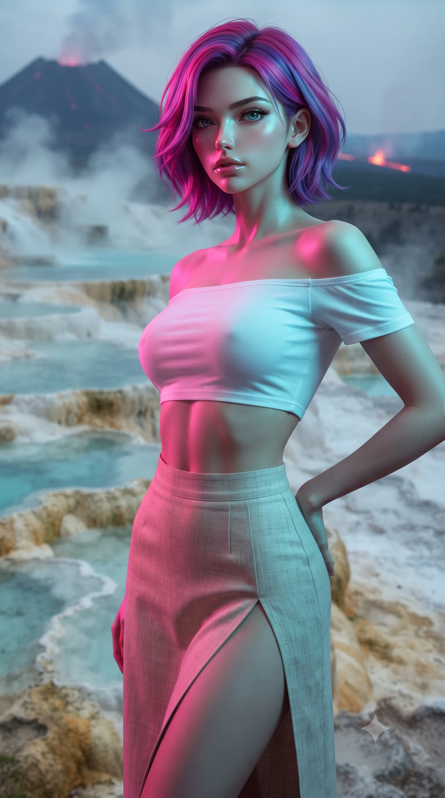 score_9, masterpiece, best quality, ultra-detailed, high-budget anime keyframe, editorial fashion photography, tasteful artistic composition, Caucasian woman, strictly human ears. close-up cowboy shot from the waist and thighs up, the character dominates the composition, filling the frame with her large presence, background elements kept in soft focus. Gazing past the camera with an air of effortless superiority. set against a soft-focus background of on terraced mineral hot springs cascading down an active volcano's slope with turquoise and milky blue water steaming in each pool travertine formations in white and gold and distant lava glow on the horizon. She has an exceptionally elegant and slender, willowy female figure with an ultra-slim waist, a gracefully sculpted slender torso, and a refined slim physique. sharp v-shaped jawline, high-bridge nose, intricate jewel-like eyes with depth, thick eyelashes, glossy lips with a natural sheen. wearing a white off-shoulder crop top paired with a high-waisted beige linen skirt featuring a high side slit. dual-tone lighting with hot magenta from the left and cool cyan from the right. 2k, ultra detail, master piece, 9:16 ratio