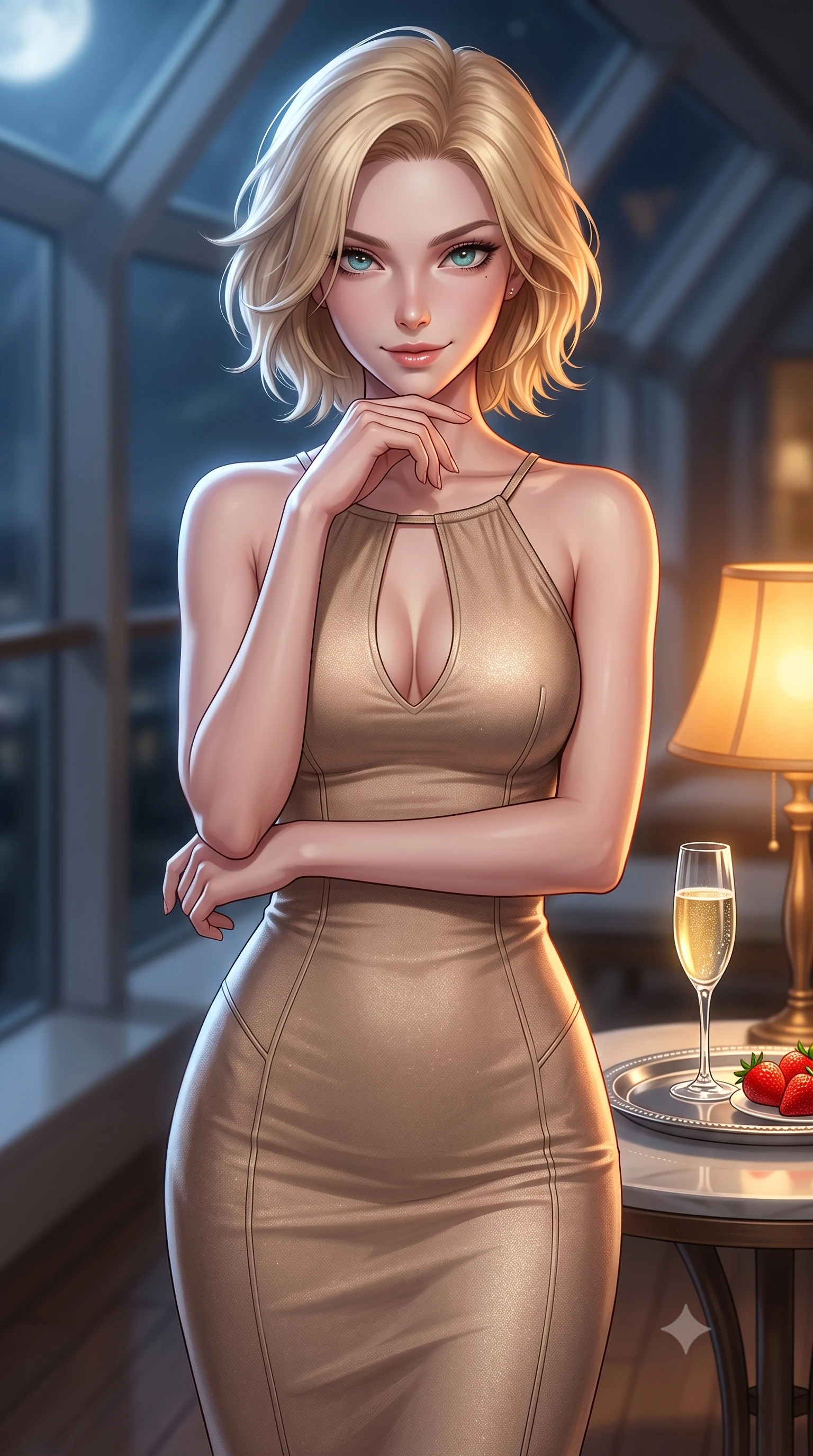 score_9, masterpiece, best quality, ultra-detailed, high-budget anime keyframe, editorial fashion photography, tasteful artistic composition, Caucasian woman. close-up cowboy shot from the waist and thighs up, the character dominates the composition, filling the frame with her large presence, background elements kept in soft focus. flashing a sweet yet tantalizing grin, resting her chin on the back of her hand with intense eye contact set against a soft-focus background of inside an exclusive solarium deck with a crystal glass of sparkling champagne and fresh strawberries on a silver tray. She has an exceptionally elegant, slender, and willowy female figure with an ultra-slim waist, a gracefully sculpted slender torso, and a refined silhouette. sharp v-shaped jawline, high-bridge nose, intricate jewel-like eyes with depth, thick eyelashes, glossy lips with a natural sheen. wearing tailored warm beige metallic jersey body-hugging knit midi dress with a tasteful keyhole neckline cutout and thin shoulder straps featuring refined tailored seams. illuminated by soft silver moonlight contrasting with the warm amber glow of a nearby lamp. highly saturated vibrant anime colors, detailed shading with soft gradients, rich glossy textures, high-contrast stereoscopic depth, volumetric dynamic lighting, master piece, 9:16 ratio