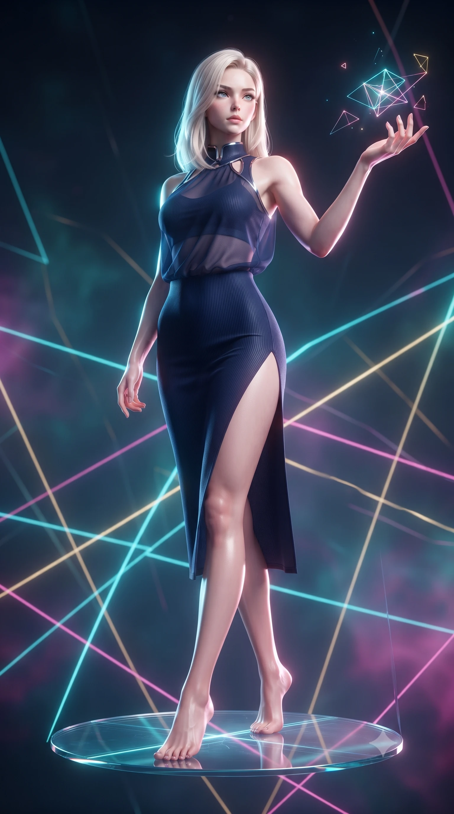 score_9, masterpiece, best quality, ultra-detailed, high-budget anime keyframe, editorial fashion photography, tasteful artistic composition, Caucasian woman. low angle full-body shot from head to toe showing her feet, filling the entire 9:16 vertical frame with her statuesque presence, stretching her vertical silhouette. interacting gracefully with the magical floating elements while maintaining a confident posture poised on a floating glass disk suspended inside a geometric light matrix, fluorescent cyan, magenta, and gold light threads crossing in 3D space. She has an absolutely perfect, statuesque 8.5-heads proportion, an exceptionally tall and slender model-like female figure with impossibly long slender legs and an ultra-slim waist. sharp v-shaped jawline, high-bridge nose, intricate jewel-like eyes with depth, thick eyelashes, glossy lips with a natural sheen. wearing a form-fitting ribbed activewear set with collar cutouts in midnight navy blue and chrome trim, woven from fine semi-opaque sheer organza, finished with a sleek side slit ascending to mid-thigh, the elegant draped fit framing her graceful clavicle and slender torso. surrounded by a vibrant fluorescent aura with bright rim highlights. ultra-reflective glossy finish, specular highlights, metallic sheen, high-contrast stereoscopic depth, volumetric dynamic lighting, 2k, ultra detail, master piece, 9:16 ratio