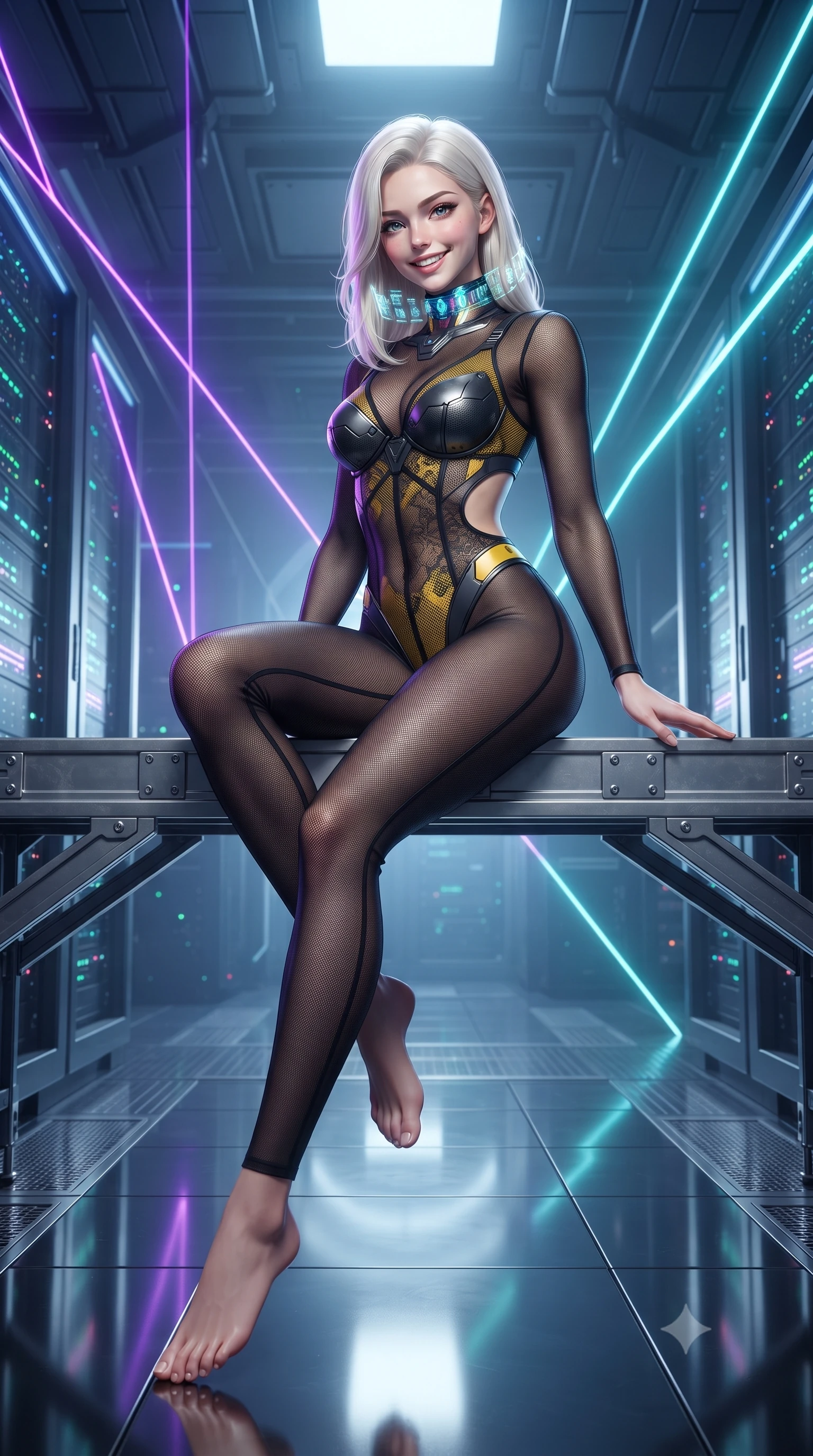 score_9, masterpiece, best quality, ultra-detailed, high-budget anime keyframe, editorial fashion photography, tasteful artistic composition, Caucasian woman. low angle full-body shot from head to toe showing her feet, filling the entire 9:16 vertical frame with her statuesque presence, stretching her vertical silhouette. sitting perched on the elevated maintenance gantry edge with legs crossed and hips angled toward the camera, displaying her toned midriff and long slender limbs with joyful, coquettish charm while standing poised in the center of the reflective vault floor, her tight combat suit and statuesque presence commanding the futuristic tech cathedral. The surrounding environment is rendered in vivid detail and crisp panoramic clarity: sharp server rack status LEDs, polished mirrored floor reflections, and laser beam dust-scatter clarity in deep focus. She has an absolutely perfect, statuesque 8.5-heads proportion, an exceptionally tall and slender model-like female figure with impossibly long slender legs, an ultra-slim waist, a flat toned midriff, narrow delicate ribcage, and beautifully sculpted feminine hips creating a graceful, slim hourglass silhouette without any bulky heaviness. sharp v-shaped jawline, high-bridge nose, intricate jewel-like sparkling eyes with depth, thick eyelashes, glossy parted lips with a natural sheen, bright confident smile with an enchanting and coquettish sensual glint, exuding both youthful magnetic charm and sovereign high-tech allure, flawlessly proportioned anatomical accuracy, strict slender model proportions, natural body alignment, perfectly sculpted long slender limbs, ultra-slim waistline, clean dynamic posture without body distortion. wearing a form-contouring semi-opaque dark mesh catsuit with carbon-plated cups and fine lace-pattern panels across her torso in industrial hazard yellow and matte carbon black, made of supple second-skin compression stretch jersey clinging flawlessly to her form, complemented by a high-tech holographic choker projecting miniature glyphs, the precision-cut side openings and low-back scoop framing her graceful spine and the sensual sweep of her slim, toned hips. bathed in high-contrast neon laser lines of violet and cyan reflecting off glossy surfaces. ultra-reflective glossy finish, specular highlights, rich textural contrasts, high-contrast stereoscopic depth, volumetric dynamic lighting, 2k, ultra detail, master piece, 9:16 ratio