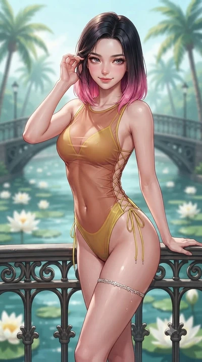 Korean woman. gently brushing a lock of glossy hair behind her ear while casting a playful, flirtatious side-gaze with long eyelashes while standing poised on the high arch of the cast-iron footbridge above the lotus canal, arching her spine with sovereign supermodel grace. The background shows a soft-focus arched iron bridges, floating white...