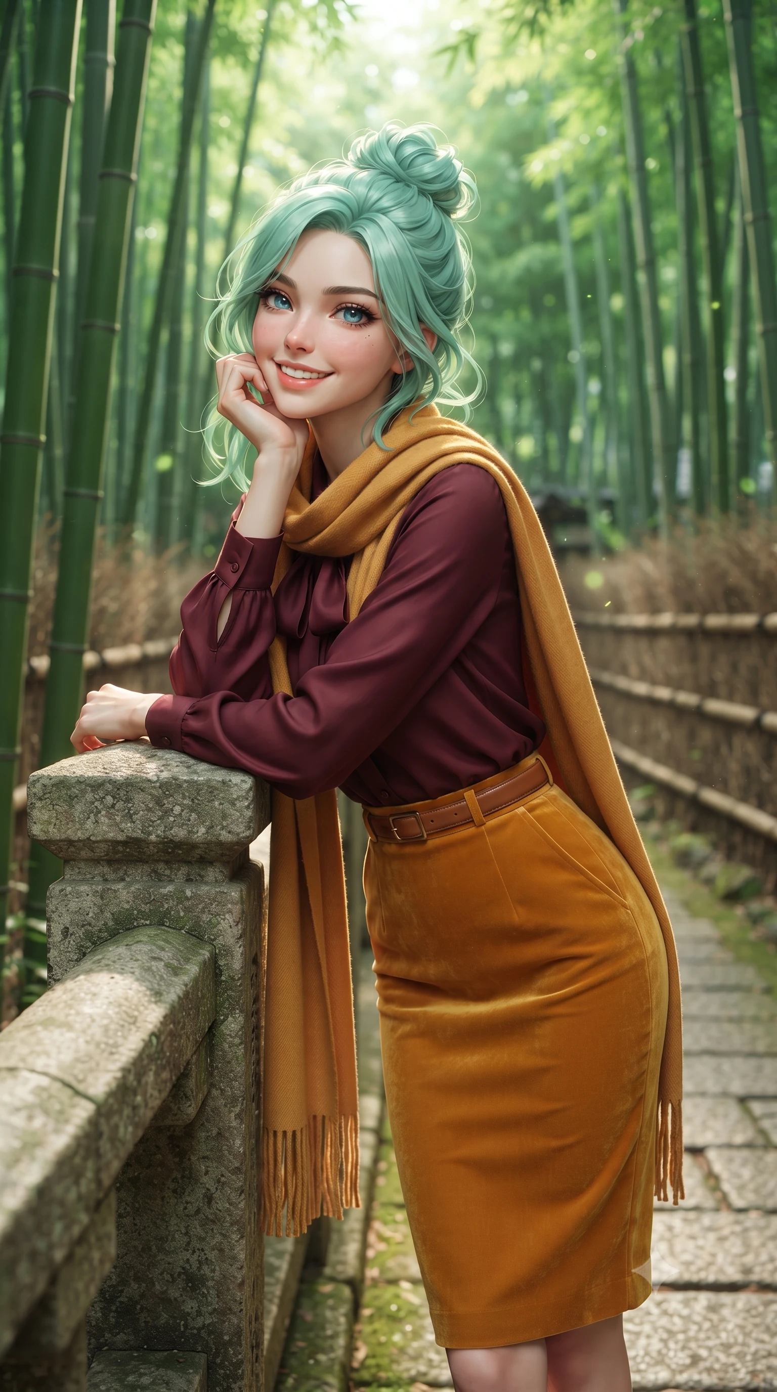 score_9, masterpiece, best quality, ultra-detailed, high-budget anime keyframe, editorial fashion photography, tasteful artistic composition, Japanese woman. close-up cowboy shot from the waist and thighs up, the character dominates the composition, filling the frame with her large presence. resting one elbow on the stone balustrade, chin poised lightly on her hand with intelligent, charming warmth while standing poised between towering emerald bamboo stalks, looking back along the stone pathway with an enchanting, radiant smile. The background shows a soft-focus soaring green bamboo culms stretching toward the canopy, filtered sunbeams (komorebi), and woven bamboo fences blurred into emerald, chartreuse, and jade bokeh. She has an exceptionally elegant, slender, and willowy female figure with an ultra-slim waist, flat toned midriff, narrow ribcage, and sculpted feminine hips creating an alluring, slim hourglass silhouette without bulk. sharp v-shaped jawline, high-bridge nose, intricate jewel-like sparkling eyes with depth, thick eyelashes, glossy parted lips with a natural peach sheen, bright cheerful beaming smile with an enchanting and coquettish sensual glint, exuding both youthful cute charm and seductive allure, flawlessly proportioned anatomical accuracy, strict slender model proportions, natural body alignment, perfectly sculpted long slender limbs, ultra-slim waistline, clean dynamic posture without body distortion. wearing a fluid silk crepe pussy-bow blouse paired with a high-waisted tailored pencil midi skirt and slim leather belt in rich Oxford burgundy and golden amber, crafted from rich cotton velvet with deep light-absorbing pile and soft gradients, accented with a wide brushed cashmere fringe scarf draped elegantly over one shoulder, the expertly draped wool fabric falling in crisp fluid lines along her tall 8.5-heads silhouette, celebrating her slender frame without excess fabric bulk. illuminated by soft green foliage bounce and crisp jade-gold rim lights sculpting her razor-sharp jawline and tall willowy frame. ultra-reflective glossy finish, specular highlights, rich textural contrasts, high-contrast stereoscopic depth, volumetric dynamic lighting, 2k, ultra detail, master piece, 9:16 ratio