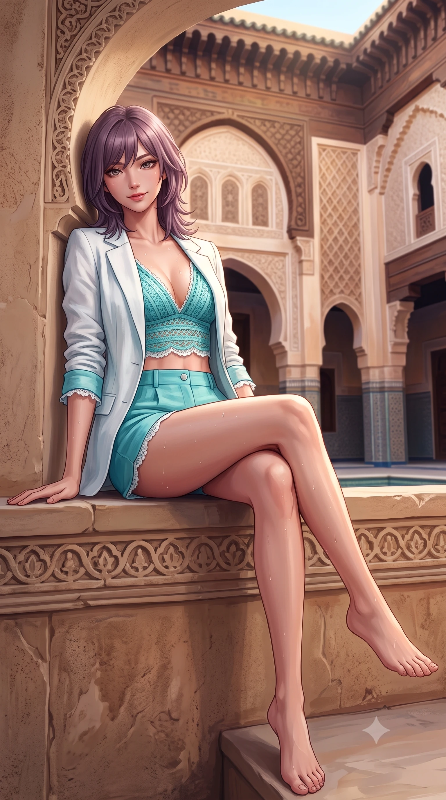 score_9, masterpiece, best quality, ultra-detailed, high-budget anime keyframe, semi-realistic 3D game render, editorial fashion photography, tasteful artistic composition, Japanese woman. low angle full-body shot from head to toe showing her feet, filling the entire 9:16 vertical frame with her statuesque presence, stretching her vertical silhouette. sitting perched on the elevated stone edge with legs crossed and hips angled toward the camera, displaying her toned midriff and long slender limbs with joyful, coquettish charm while leaning against an intricately carved stucco keyhole archway with hips cocked back, casting a captivating, smoldering bedroom-gaze. The surrounding environment is rendered in vivid detail and crisp panoramic clarity. detailed resort crochet weave, water droplets on skin, and authentic Moroccan palace craftsmanship in high resolution. She has an exceptionally tall and slender model-like 8.5-heads proportion, an ultra-slim waist, a flat toned midriff, narrow delicate ribcage, and beautifully sculpted feminine hips creating a graceful, slim hourglass silhouette without any bulky heaviness, with impossibly long slender legs. sharp v-shaped jawline, high-bridge nose, sparkling amber-hazel eyes with depth, long lush eyelashes, glossy sun-kissed lips with a warm coral glaze, radiant teasing smile with sensual sunlit bedroom-eyes, exuding effortless old-money elegance and intoxicating sun-drenched allure, flawlessly proportioned anatomical accuracy, strict slender model proportions, natural body alignment, perfectly sculpted long slender limbs, ultra-slim waistline, clean dynamic posture without body distortion. wearing a breezy white linen tailored blazer worn over a plunging-V camisole and high-waisted tailored linen shorts in refreshing Aegean turquoise and crisp sea-salt white, woven from layered gossamer organza with weightless flutter, finished with subtle ruffle trims and delicate scallop lace edging, the form-fitting cut adhering flawlessly to her sculpted flat midriff and slender torso, emphasizing her long leg lines and perfectly proportioned willowy build. bathed in warm ambient evening light filtering down into the tranquil open-air courtyard. highly saturated vibrant anime colors, detailed shading with soft gradients, rich glossy textures, high-contrast stereoscopic depth, volumetric dynamic lighting, master piece, 9:16 ratio