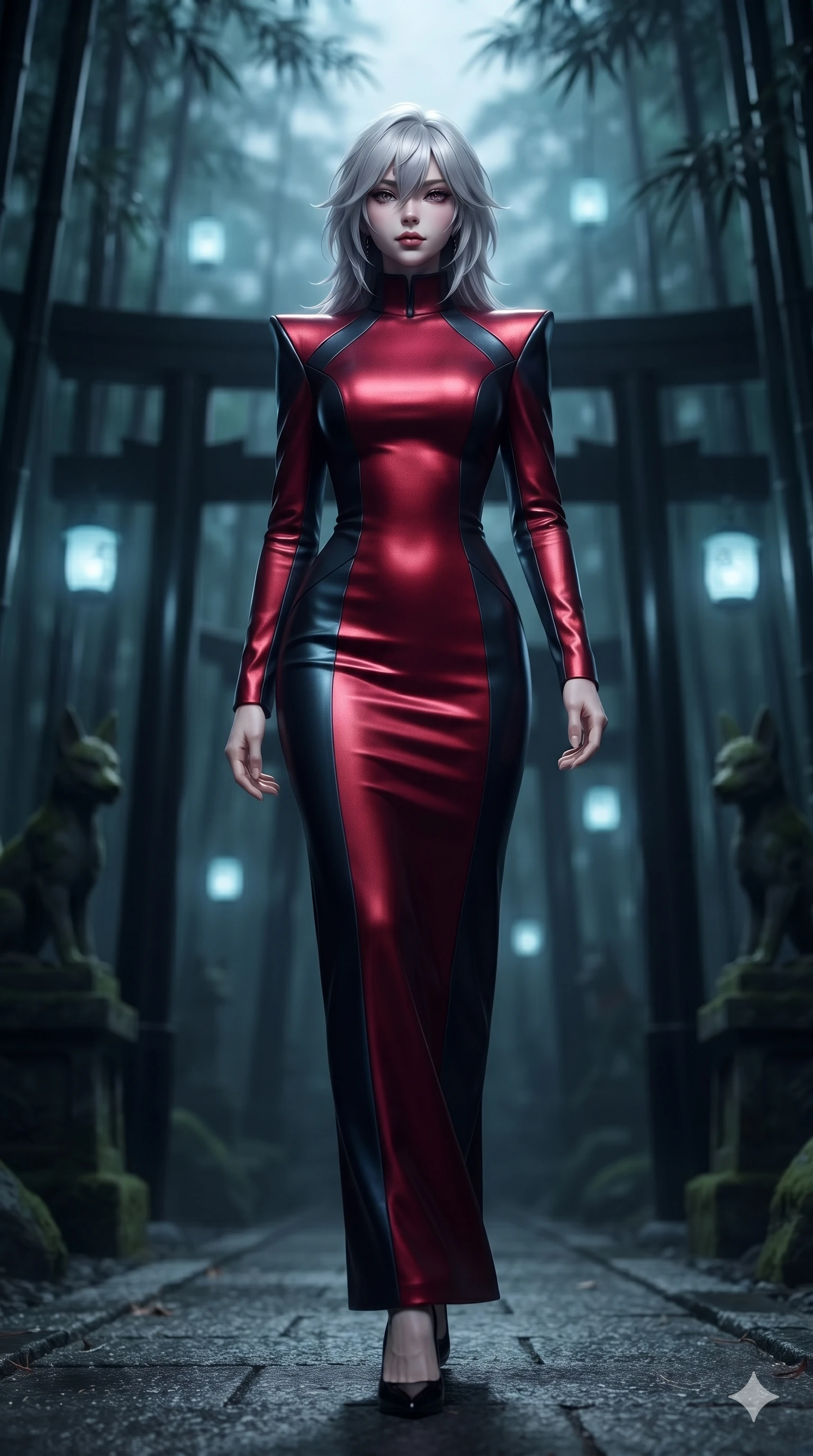 score_9, masterpiece, best quality, ultra-detailed, high-budget anime keyframe, editorial fashion photography, tasteful artistic composition, Japanese woman. low angle full-body shot from head to toe showing her feet, filling the entire 9:16 vertical frame with her statuesque presence, stretching her vertical silhouette. walking through the endless corridor of black lacquer Torii gates at midnight with hypnotic feline grace while twisting her slender torso in an alluring S-curve among towering black bamboo groves, floating spirit lights dancing across her curves. The background shows a soft-focus dark mossy stone kitsune statues, floating pale blue spirit lanterns, and towering black bamboo stalks blurred into pale blue, jade, and charcoal bokeh. She has an absolutely perfect, statuesque 8.5-heads proportion, an exceptionally tall and slender model-like female figure with impossibly long slender legs, an ultra-slim waist, a flat toned midriff, narrow delicate ribcage, and beautifully sculpted feminine hips creating a graceful, slim hourglass silhouette without any bulky heaviness. sharp v-shaped jawline, high-bridge nose, intricate jewel-like dark sparkling eyes with hypnotic seductive depth, thick curled eyelashes, glossy parted lips with a natural wine sheen, alluring bedroom-eyes with an enigmatic smoldering smile, exuding magnetic sovereign charisma and dark avant-garde glamour, flawlessly proportioned anatomical accuracy, strict slender model proportions, natural body alignment, perfectly sculpted long slender limbs, ultra-slim waistline, clean dynamic posture without body distortion. wearing a bespoke high-neck architectural wool column gown with structured sharp shoulder pads in crimson laser red and cold midnight shadow tones, woven from bespoke high-density barathea wool with refined ceremonial hold, adorned with minimalist black onyx hardware framing the silhouette, the bespoke structured tailoring following the natural line of her 8.5-heads silhouette with refined elegance. illuminated by spirit lantern cold ground bounce and sharp silver-cyan rim lights defining her razor-sharp jawline, narrow waist, and curvy hips. ultra-reflective glossy finish, specular highlights, metallic sheen, high-contrast stereoscopic depth, volumetric dynamic lighting, 2k, ultra detail, master piece, 9:16 ratio
