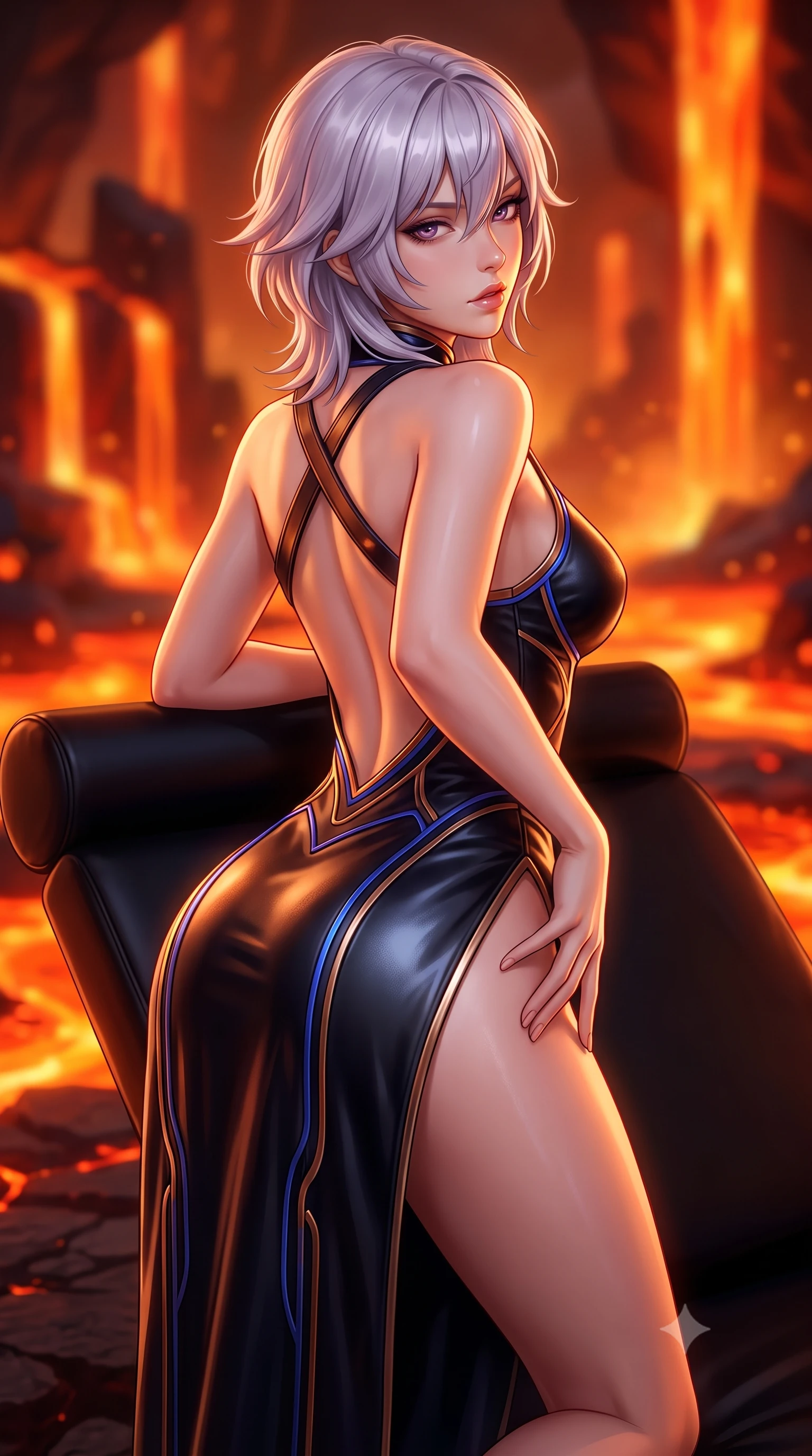 score_9, masterpiece, best quality, ultra-detailed, high-budget anime keyframe, semi-realistic 3D game render, editorial fashion photography, tasteful artistic composition, Japanese woman. close-up cowboy shot from the waist and thighs up, the character dominates the composition, filling the frame with her large presence. posing in an alluring rear three-quarter angle, arching her lower back in a pronounced S-curve with one hand on her hip, glancing seductively over her bare shoulder with parted glossy lips while reclining across a cantilevered black obsidian daybed propped on one elbow, her slender waist and feminine hips illuminated by orange geothermal light. The composition keeps background elements in soft focus with creamy bokeh. bubbling molten lava channels and glowing basalt pillar formations blurred into fiery tangerine, ruby, and amber bokeh. She has an exceptionally elegant, slender, and willowy female figure with an ultra-slim waist, flat toned midriff, narrow ribcage, and sculpted feminine hips creating an alluring, slim hourglass silhouette without bulk. sharp v-shaped jawline, high-bridge nose, intricate jewel-like eyes with depth, thick eyelashes, glossy parted lips with a natural sheen, intensely captivating and seductive bedroom-eyes expression, flawlessly proportioned anatomical accuracy, strict slender model proportions, natural body alignment, perfectly sculpted long slender limbs, ultra-slim waistline, clean dynamic posture without body distortion. wearing a modernized cyber-qipao mini dress with an ultra-high side slit ascending to the hip and glowing piping in royal sapphire blue and liquid bronze, formed from supple second-skin lambskin leather with specular sheen, featuring an open-back criss-cross harness strap in dark leather, the glove-like aerodynamic silhouette tightly following the natural contour of her hips and long slender legs with statuesque 8.5-heads elegance. illuminated by high-contrast specular rim lights sharply sculpting her razor-sharp jawline, narrow waist, and curvy hips. highly saturated vibrant anime colors, detailed shading with soft gradients, rich glossy textures, high-contrast stereoscopic depth, volumetric dynamic lighting, master piece, 9:16 ratio