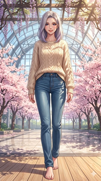 score_9, masterpiece, best quality, ultra-detailed, high-budget anime keyframe, vibrant anime aesthetic, Caucasian woman, strictly human ears. low angle full-body shot from head to toe showing her feet, filling the entire 9:16 vertical frame with her