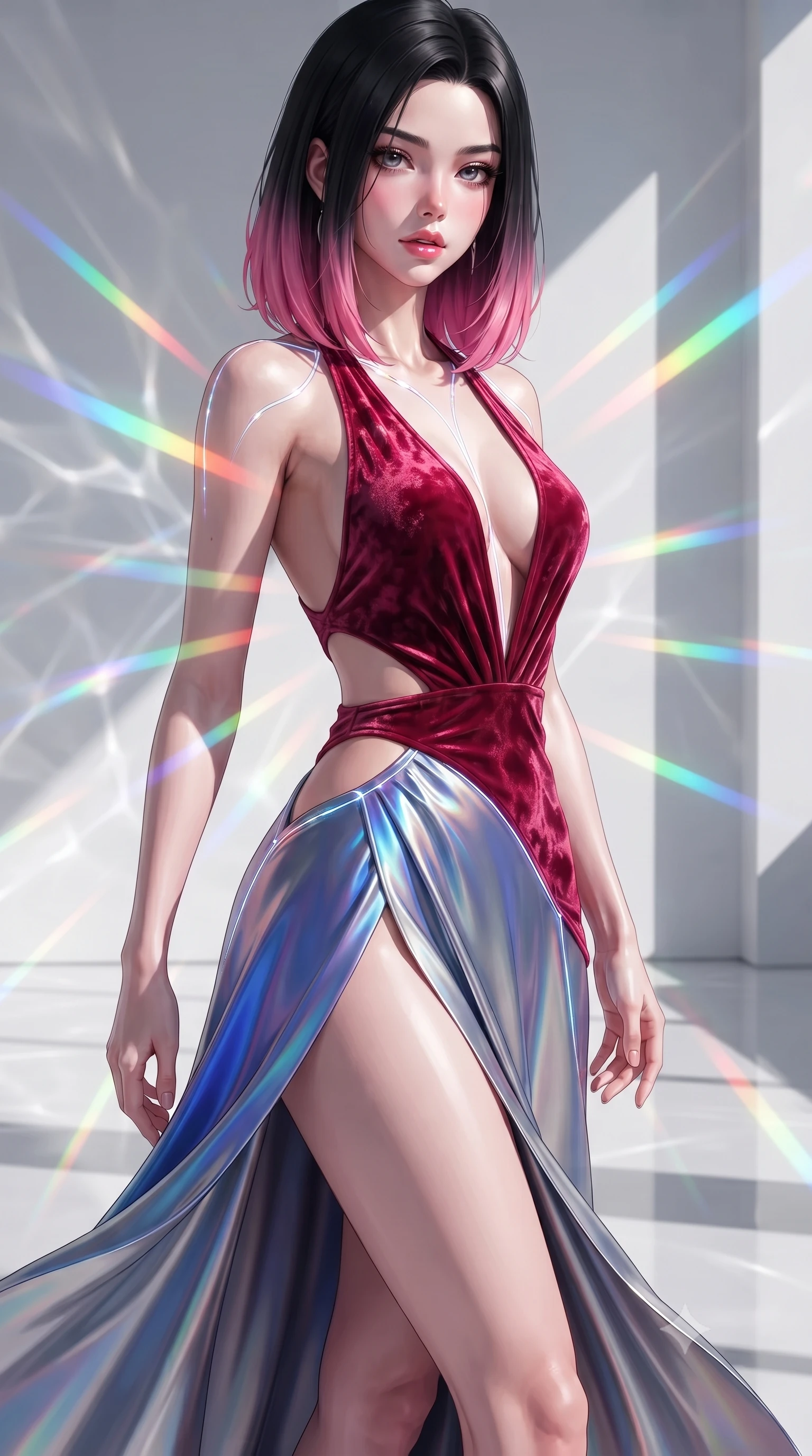 score_9, masterpiece, best quality, ultra-detailed, high-budget anime keyframe, editorial fashion photography, tasteful artistic composition, Korean woman. close-up cowboy shot from the waist and thighs up, the character dominates the composition, filling the frame with her large presence. casting a slow, smoldering gaze beneath heavy lashes with parted glossy lips, her head slightly tilted in captivating self-assurance while pivoting dynamically on a white epoxy floor as vibrant spectrum light bands wrap around her slender figure. The surrounding environment is rendered in vivid detail and crisp panoramic clarity. intricate light refraction patterns, crisp modern museum architecture, and clean shadows in high clarity. She has an exceptionally elegant, slender, and willowy female figure with an ultra-slim waist, a gracefully sculpted slender torso, toned flat midriff, and a refined slim silhouette. sharp v-shaped jawline, high-bridge nose, intricate jewel-like eyes with depth, thick eyelashes, glossy lips with a natural sheen, flawlessly proportioned anatomical accuracy, strict slender model proportions, natural body alignment, perfectly sculpted long slender limbs, ultra-slim waistline, clean dynamic posture without body distortion. wearing a backless crimson crushed velvet gown with a deep plunging V-neckline, strategic hip cutouts, and an ultra-high thigh slit in liquid electric cobalt blue and polished silver, made of smooth iridescent silk chiffon that shifts colors with movement, accented with glowing fiber-optic seams tracing her collarbones and hip curves, the form-contouring material adhering flawlessly to her sculpted flat midriff and slender torso, emphasizing her long leg lines and perfectly proportioned willowy build. illuminated by high-contrast specular reflections on crystal and polished surfaces. ultra-reflective glossy finish, specular highlights, metallic sheen, high-contrast stereoscopic depth, volumetric dynamic lighting, 2k, ultra detail, master piece, 9:16 ratio