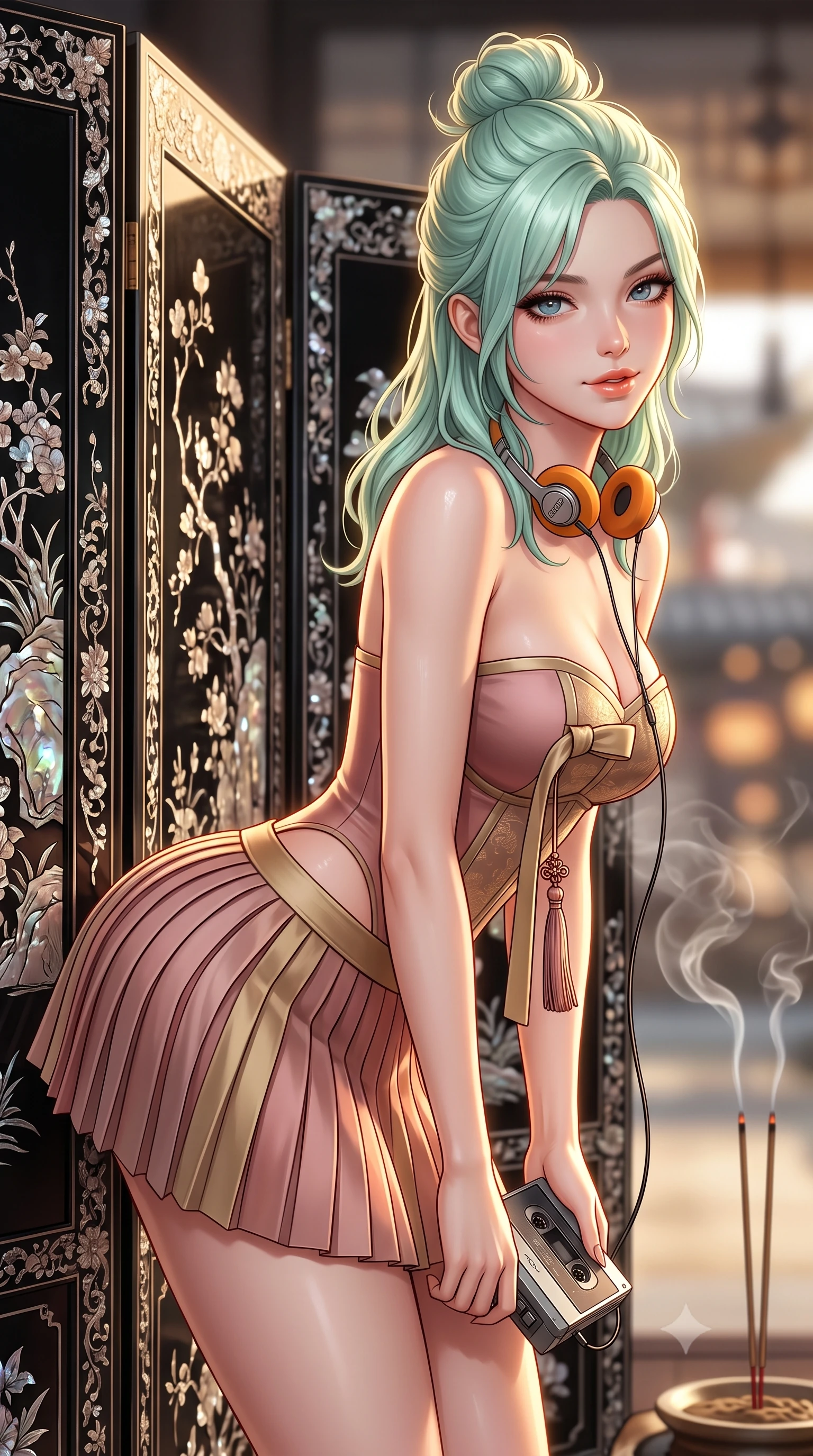 score_9, masterpiece, best quality, ultra-detailed, high-budget anime keyframe, semi-realistic 3D game render, editorial fashion photography, tasteful artistic composition, Japanese woman. close-up cowboy shot from the waist and thighs up, the character dominates the composition, filling the frame with her large presence. leaning forward while arching her lower back to accentuate her curvy hips, looking into the camera with an intoxicating smoldering gaze and bedroom-eyes while lounging against an opulent mother-of-pearl black lacquer screen, arching her lower back with magnetic femme fatale elegance. The background shows a soft-focus swirling tea steam, burning agarwood incense, and distant palace courtyards blurred into amber, charcoal, and pearl bokeh. She has an exceptionally elegant, slender, and willowy female figure with an ultra-slim waist, flat toned midriff, narrow ribcage, and sculpted feminine hips creating an alluring, slim hourglass silhouette without bulk. sharp v-shaped jawline, high-bridge nose, sparkling eyes with hypnotic seductive depth, thick curled eyelashes, glossy parted lips with a natural dewy peach sheen, alluring bedroom-eyes with an enchanting coquettish smile, exuding magnetic siren charisma and sophisticated glamour, flawlessly proportioned anatomical accuracy, strict slender model proportions, natural body alignment, perfectly sculpted long slender limbs, ultra-slim waistline, clean dynamic posture without body distortion. wearing a modern strapless boned hanbok bustier with traditional norigae tassel accents paired with a micro-pleated silk mini skirt in dusky blush rose and antique gold trims, tailored from fine ribbed modal knit with gentle elastic contouring and soft hand-feel, complemented by a retro cassette walkman with vintage foam-padded orange headphones, the precision-cut side openings and low-back scoop framing her graceful spine and the sensual sweep of her slim, toned hips. illuminated by lacquer specular highlights and sharp warm-gold rim lights defining her razor-sharp jawline, narrow waist, and curvy hips. highly saturated vibrant anime colors, detailed shading with soft gradients, rich glossy textures, high-contrast stereoscopic depth, volumetric dynamic lighting, master piece, 9:16 ratio