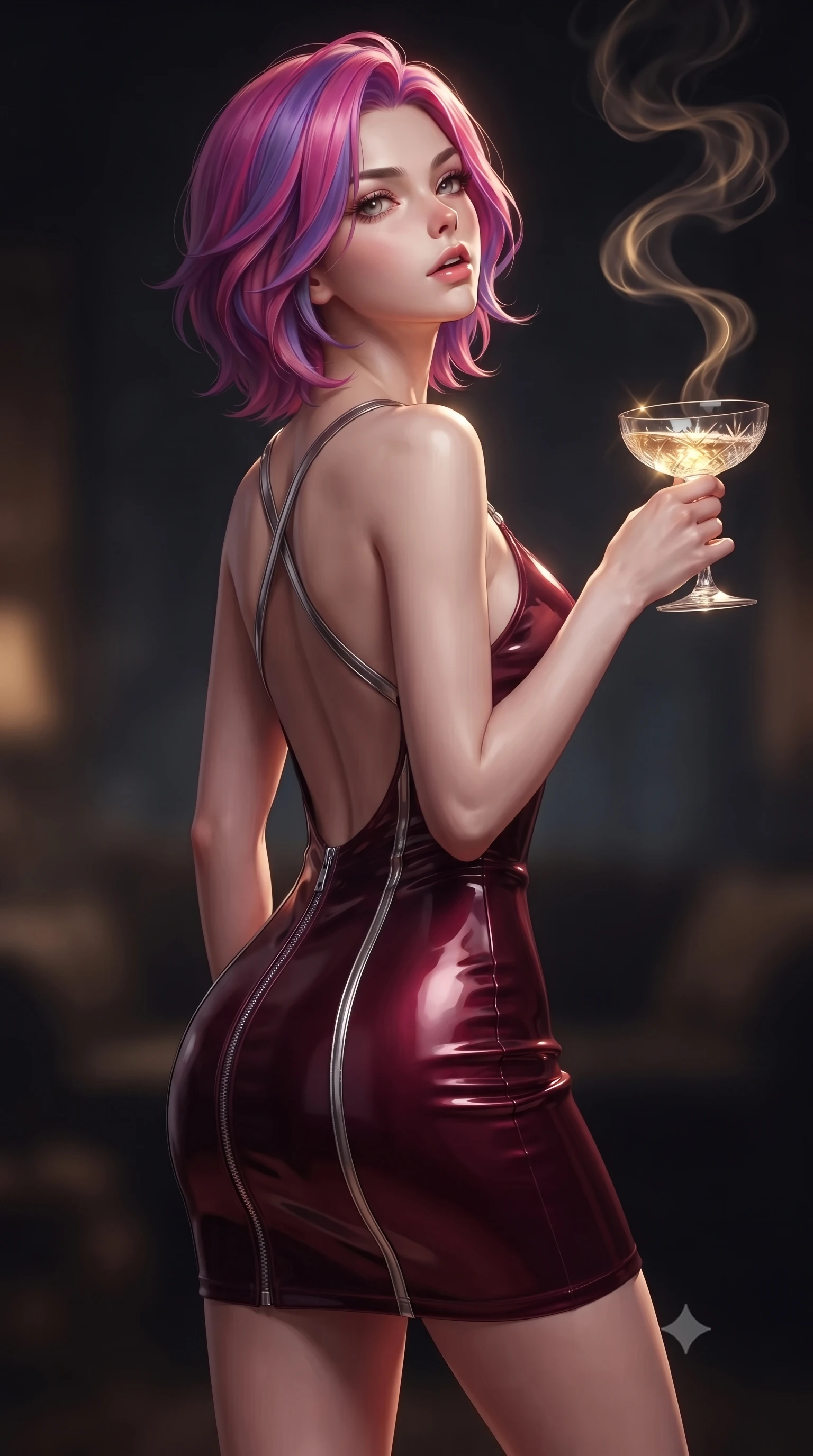 score_9, masterpiece, best quality, ultra-detailed, high-budget anime keyframe, editorial fashion photography, tasteful artistic composition, Caucasian woman. close-up cowboy shot from the waist and thighs up, the character dominates the composition, filling the frame with her large presence, background elements kept in soft focus. Tilting her chin up slightly with lips parted in a composed, magnetic expression, holding a crystal champagne coupe as soft golden light catches the liquid, swirling aromatic smoke trails rising gracefully into the dark moody air. She has an exceptionally elegant, slender, and willowy female figure with an ultra-slim waist, a gracefully sculpted slender torso, and a refined silhouette. sharp v-shaped jawline, high-bridge nose, intricate jewel-like eyes with depth, thick eyelashes, glossy lips with a natural sheen. wearing dramatically scooped backless dark satin mini dress with criss-cross chrome straps in deep crimson burgundy, made of high-gloss liquid vinyl, finished with metallic silver boning and sleek zipper points, accentuating her gracefully sculpted slender torso. lit by low-key golden rays highlighting her refined silhouette. highly saturated vibrant anime colors, detailed shading with soft gradients, rich glossy textures, high-contrast stereoscopic depth, volumetric dynamic lighting, master piece, 9:16 ratio