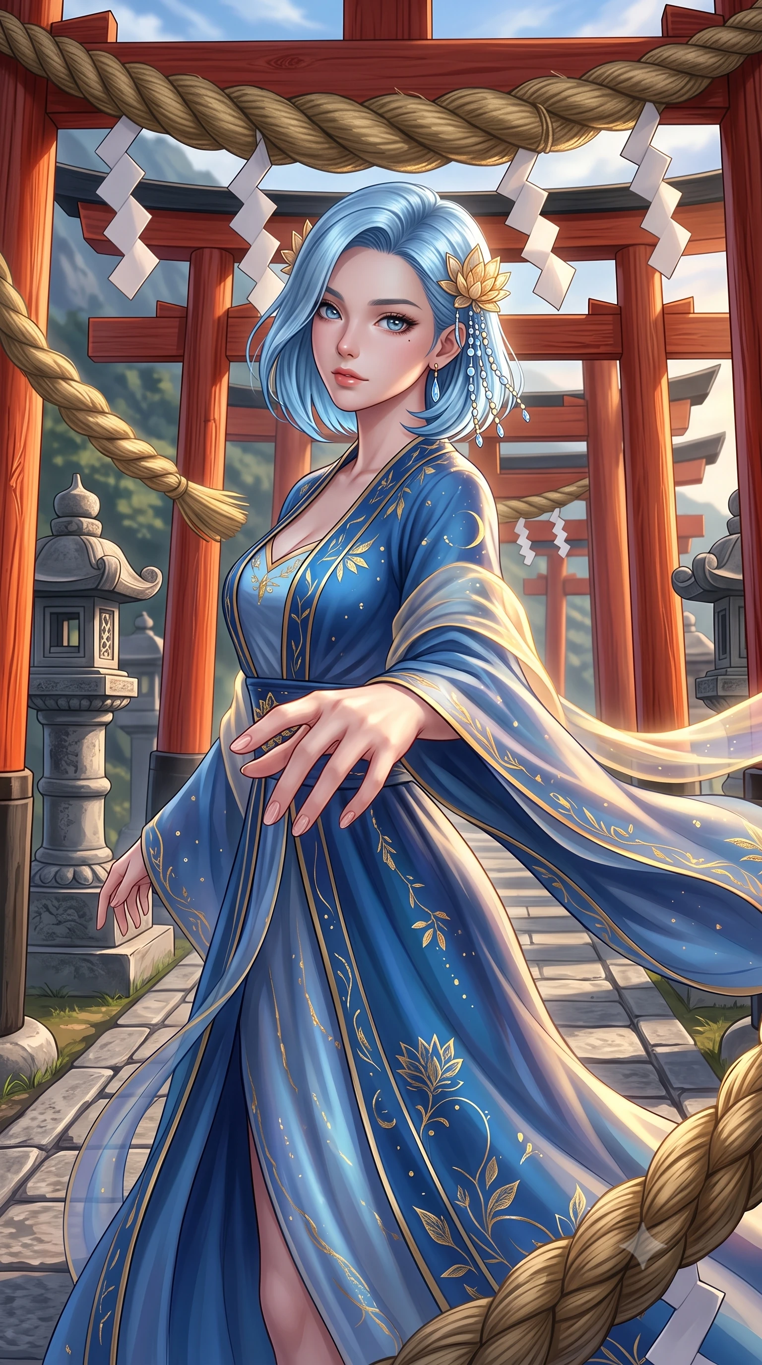 score_9, masterpiece, best quality, ultra-detailed, high-budget anime keyframe, semi-realistic 3D game render, editorial fashion photography, tasteful artistic composition, Korean woman. close-up cowboy shot from the waist and thighs up, the character dominates the composition, filling the frame with her large presence. extending one slender arm gracefully toward the foreground while casting an affectionate, mesmerizing glance while pivoting dynamically as sacred shimenawa ropes sway in the mountain wind, her flowing silk sleeves catching the celestial glow. The surrounding environment is rendered in vivid detail and crisp panoramic clarity. intricate vermilion torii wood grain, braided straw shimenawa textures, and stone lantern carvings in deep focus. She has an exceptionally elegant, slender, and willowy female figure with an ultra-slim waist, a gracefully sculpted slender torso, toned flat midriff, and a refined slim silhouette. sharp v-shaped jawline, high-bridge nose, intricate jewel-like eyes with depth, thick eyelashes, glossy lips with a natural sheen, captivating and magnetic expression, flawlessly proportioned anatomical accuracy, strict slender model proportions, natural body alignment, perfectly sculpted long slender limbs, ultra-slim waistline, clean dynamic posture without body distortion. wearing an ethereal moon-goddess gossamer robe worn over a form-contouring pearlescent silk slip in deep azure blue and gold leaf embroidery, tailored from crisp ceremonial cotton and multi-layered translucent chiffon, finished with delicate golden lotus hairpins and dangling crystal beads, the glove-like aerodynamic second-skin fit tightly clinging to her ultra-slender waist and athletic curves without adding bulk, accentuating her razor-sharp statuesque lines and slim hourglass silhouette. surrounded by a divine, mystical, and spiritually transcendent shrine maiden sovereign aura. highly saturated vibrant anime colors, detailed shading with soft gradients, rich glossy textures, high-contrast stereoscopic depth, volumetric dynamic lighting, master piece, 9:16 ratio