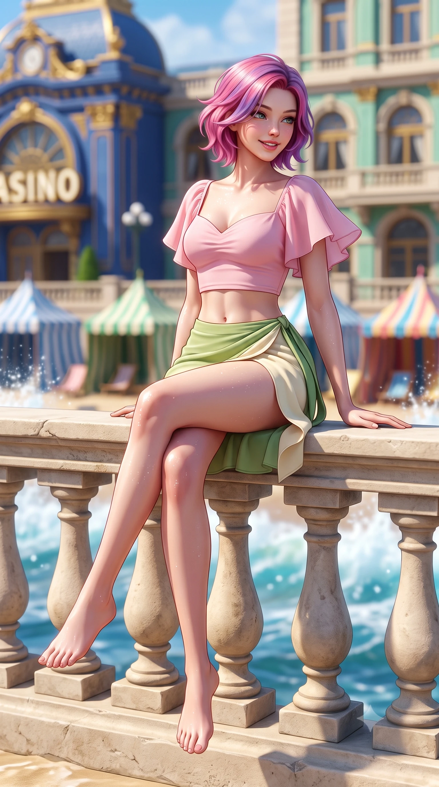 score_9, masterpiece, best quality, ultra-detailed, high-budget anime keyframe, semi-realistic 3D game render, editorial fashion photography, tasteful artistic composition, Caucasian woman. low angle full-body shot from head to toe showing her feet, filling the entire 9:16 vertical frame with her statuesque presence, stretching her vertical silhouette. sitting perched on the elevated edge with legs crossed and hips angled toward the camera, displaying her toned midriff and long slender limbs with a joyful, coquettish smile while leaning against the Belle Époque stone balustrade with hips cocked back, looking over her shoulder with an alluring, sun-dazed bedroom-gaze. The composition keeps background elements in soft focus with dreamy creamy bokeh. crashing blue Atlantic breakers, colorful striped beach tents, and Belle Époque casino facades blurred into royal blue, gold, and seafoam bokeh. She has an exceptionally tall and slender model-like 8.5-heads proportion, an ultra-slim waist, a flat toned midriff, narrow delicate ribcage, and beautifully sculpted feminine hips creating a graceful, slim hourglass silhouette without any bulky heaviness, with impossibly long slender legs. sharp v-shaped jawline, high-bridge nose, intricate jewel-like sparkling eyes with depth, thick eyelashes, glossy parted lips with a natural peach sheen, bright cheerful beaming smile with an enchanting and coquettish sensual glint, exuding both youthful cute charm and seductive allure, flawlessly proportioned anatomical accuracy, strict slender model proportions, natural body alignment, perfectly sculpted long slender limbs, ultra-slim waistline, clean dynamic posture without body distortion. wearing a sweetheart-neckline baby-pink crop top with a high-slit wrap mini skirt accentuating her waist-to-hip curve in matcha green and warm ivory, tailored from fine lightweight chiffon that flutters gently in the breeze, featuring elegant flutter sleeves and a graceful square neckline, the liquid-tight tailored fabric clinging flawlessly to her narrow waist and rounded feminine hips, emphasizing every millimeter of her sculpted slim hourglass curves without any bulky heaviness. illuminated by sparkling sea foam reflections sharply sculpting her razor-sharp jawline, narrow waist, and curvy hips. highly saturated vibrant anime colors, detailed shading with soft gradients, rich glossy textures, high-contrast stereoscopic depth, volumetric dynamic lighting, master piece, 9:16 ratio