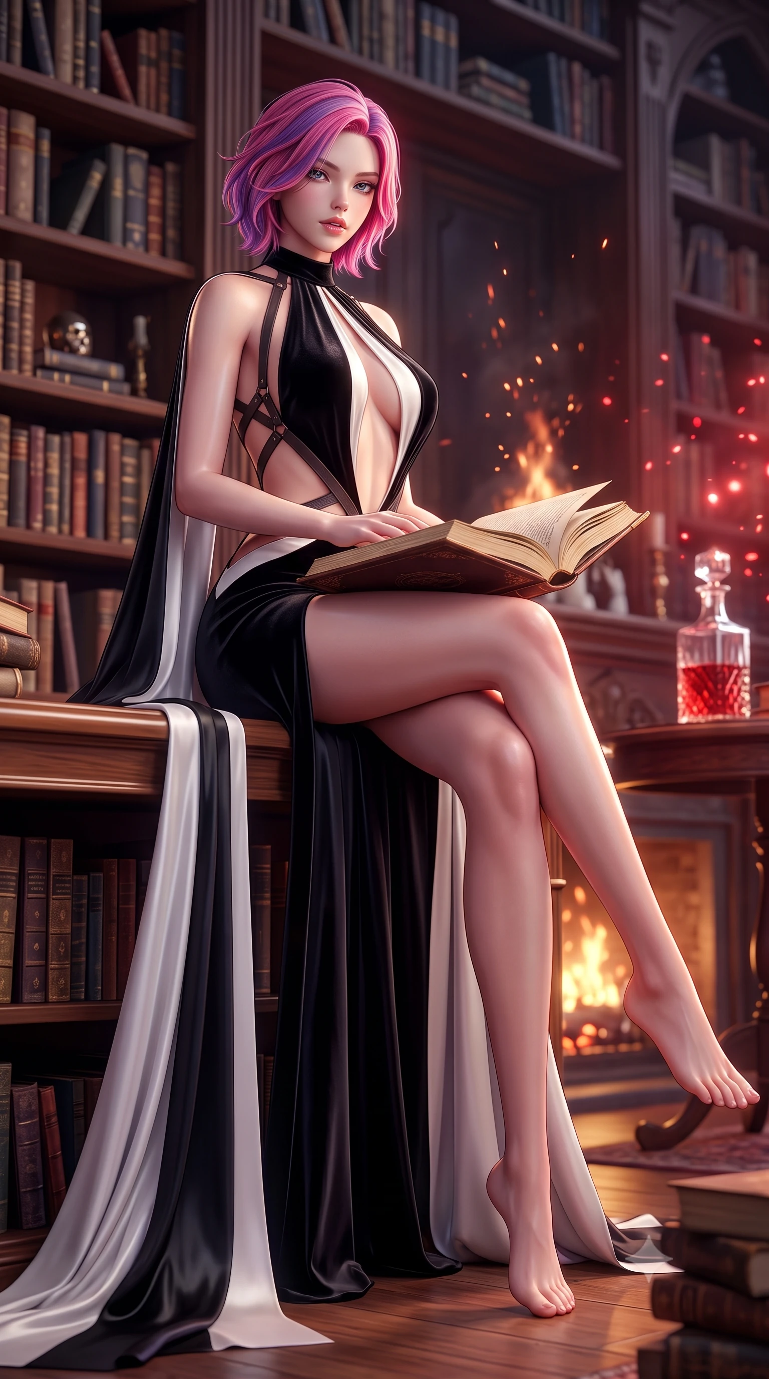 score_9, masterpiece, best quality, ultra-detailed, high-budget anime keyframe, semi-realistic 3D game render, editorial fashion photography, tasteful artistic composition, Caucasian woman. low angle full-body shot from head to toe showing her feet, filling the entire 9:16 vertical frame with her statuesque presence, stretching her vertical silhouette. sitting poised on the elevated edge with legs crossed and extended, her tall 8.5-heads proportions dominating the scene with effortless poise while stretching her slender torso in an alluring S-curve while browsing ancient grimoires on towering gothic library shelves. The composition keeps background elements in soft focus with creamy bokeh. rising hearth fire sparks and crystal decanter refractions scattering warm crimson light motes. She has an absolutely perfect, statuesque 8.5-heads proportion, an exceptionally tall and slender model-like female figure with impossibly long slender legs, a toned flat midriff, and an ultra-slim waist. sharp v-shaped jawline, high-bridge nose, intricate jewel-like eyes with depth, thick eyelashes, glossy parted lips with a natural sheen, intensely captivating and seductive expression, flawlessly proportioned anatomical accuracy, strict slender model proportions, natural body alignment, perfectly sculpted long slender limbs, ultra-slim waistline, clean dynamic posture without body distortion. wearing a gothic siren halter-neck dress with dramatic diagonal torso cutouts and a trailing floor-length silk cape in high-contrast black velvet and pearl white, tailored from liquid silk jersey adhering flawlessly to her slender build, featuring an open-back criss-cross harness strap in dark leather, the precision-cut daring openings accentuating her delicate midriff, graceful bare collarbones, and ultra-slim feminine waistline. surrounded by an opulent, intimate, and irresistibly hypnotic dark romance aura. highly saturated vibrant anime colors, detailed shading with soft gradients, rich glossy textures, high-contrast stereoscopic depth, volumetric dynamic lighting, master piece, 9:16 ratio