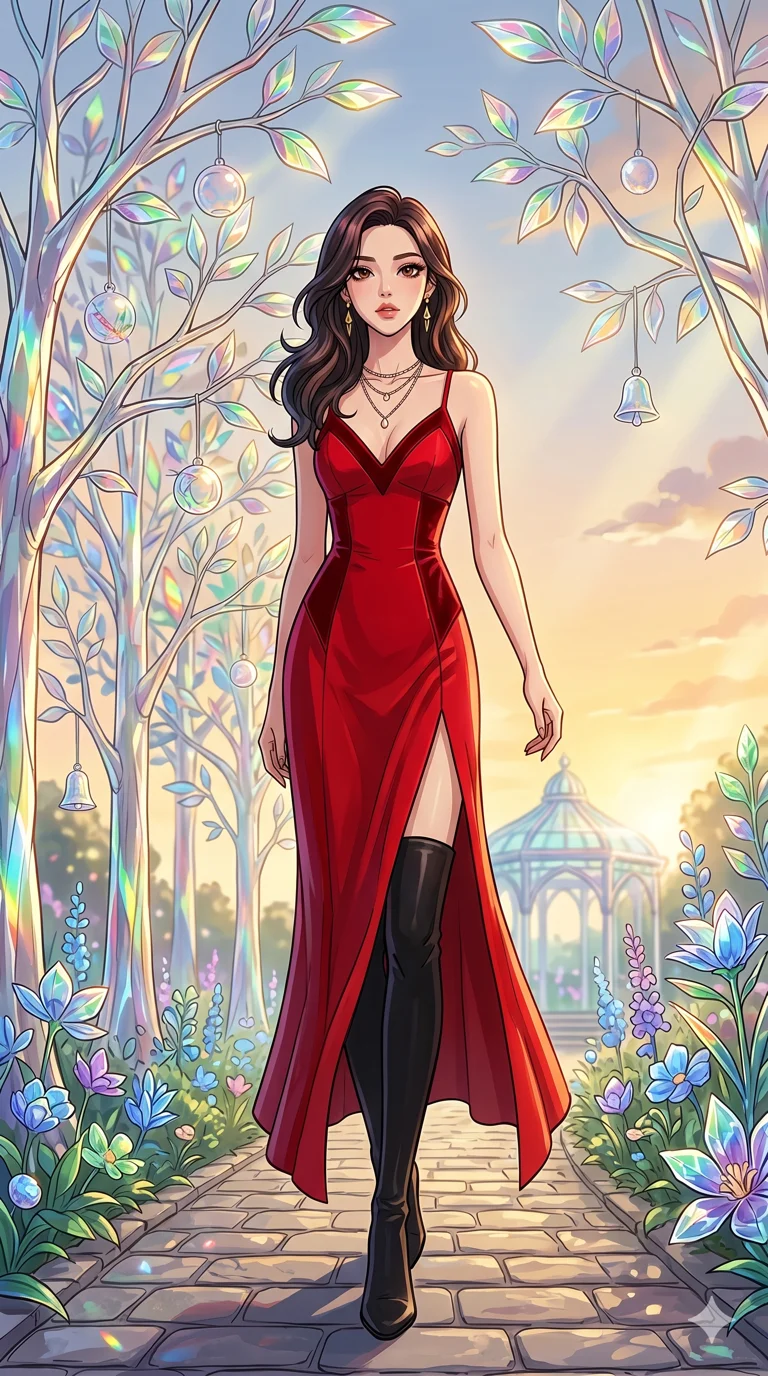 score_9, masterpiece, best quality, ultra-detailed, High-budget Anime Keyframe, beautiful Korean anime girl. Low angle cowboy shot filling the entire 9:16 frame with her statuesque presence. Walking through a garden of glass trees that chime in the wind under a golden sun. She has an absolutely perfect 8-heads proportion, an exceptionally tall and slender female figure with impossibly long slender legs and an ultra-slim waist. Sharp v-shaped jawline, high-bridge nose, intricate jewel-like eyes with depth, thick eyelashes, glossy lips with a natural sheen. Wearing a High-Fashion Editorial outfit: scarlet slip dress with a dangerously high side slit and velvet detail. Background is a bright and colorful fantasy garden with prismatic glass leaves and vibrant light. 2k, ultra detail, master piece, 9:16 ratio