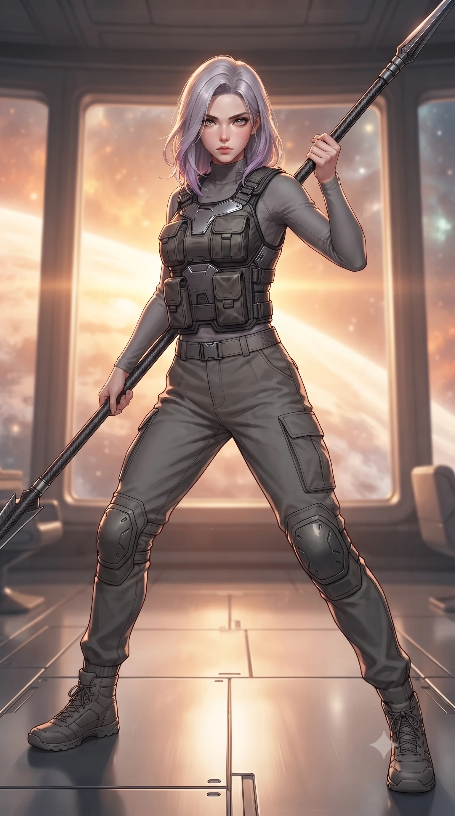 score_9, masterpiece, best quality, ultra-detailed, high-budget anime keyframe, editorial fashion photography, tasteful artistic composition, Caucasian woman. low angle full-body shot from head to toe showing her feet, filling the entire 9:16 vertical frame with her statuesque presence, stretching her vertical silhouette. standing in a dynamic combat stance with a carbon-fiber spear held diagonally, stretching her statuesque body, the background shows a soft-focus an officers' mess room with floor-to-ceiling windows showing a nebula sunrise. She has an absolutely perfect, statuesque 8.5-heads proportion, an exceptionally tall and slender model-like female figure with impossibly long slender legs and an ultra-slim waist. sharp v-shaped jawline, high-bridge nose, intricate jewel-like eyes with depth, thick eyelashes, glossy lips with a natural sheen. wearing a tailored rugged carbon-alloy utility vest over a long-sleeve high-neck grey compression shirt and matching cargo slacks. dramatic dual-tone orange and soft yellow sunrays painting the cabin in warmth. ultra-reflective glossy finish, specular highlights, metallic sheen, high-contrast stereoscopic depth, volumetric dynamic lighting, 2k, ultra detail, master piece, 9:16 ratio