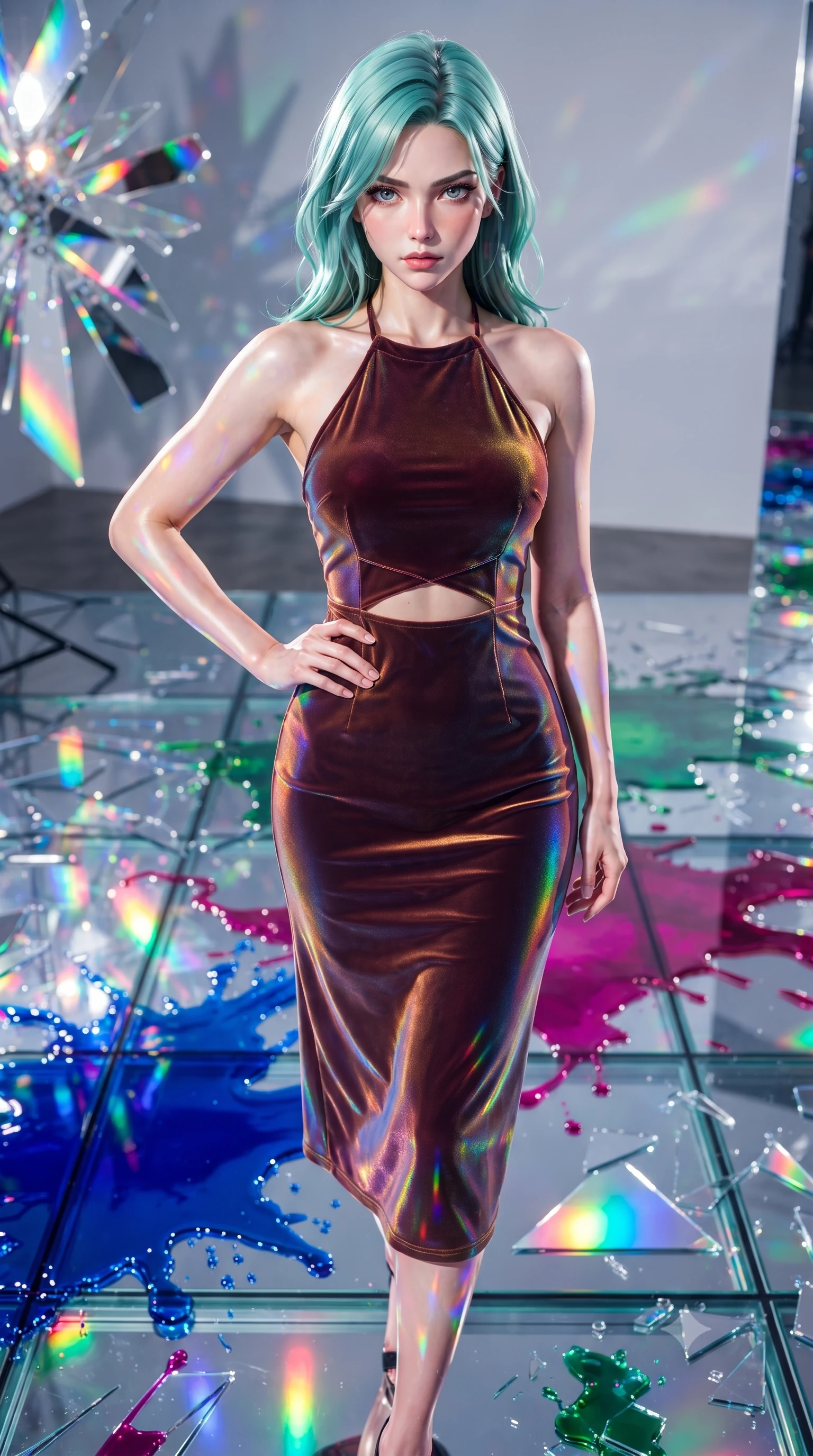 score_9, masterpiece, best quality, ultra-detailed, high-budget anime keyframe, editorial fashion photography, tasteful artistic composition, Japanese woman. close-up cowboy shot from the waist and thighs up, the character dominates the composition, filling the frame with her large presence, background elements kept in soft focus. Holding a confident power pose with one hand on her hip, gazing directly into the camera with quiet intensity stepping across a reflective glass floor drenched in vibrant fluid splashes, shattered mirror shards scattering brilliant rainbow reflections everywhere. She has an exceptionally elegant, slender, and willowy female figure with an ultra-slim waist, a gracefully sculpted slender torso, and a refined silhouette. sharp v-shaped jawline, high-bridge nose, intricate jewel-like eyes with depth, thick eyelashes, glossy lips with a natural sheen. wearing a velvet halter-neck midi dress following her form like a glove in deep burgundy and bronze, crafted from iridescent chiffon that shifts colors in the light, featuring subtle geometric cutouts that highlight her ultra-slim midriff, the sleek second-skin texture accentuating her magnetic presence. drenched in bright white key light with colorful prismatic rim lighting. highly saturated vibrant anime colors, detailed shading with soft gradients, rich glossy textures, high-contrast stereoscopic depth, volumetric dynamic lighting, master piece, 9:16 ratio
