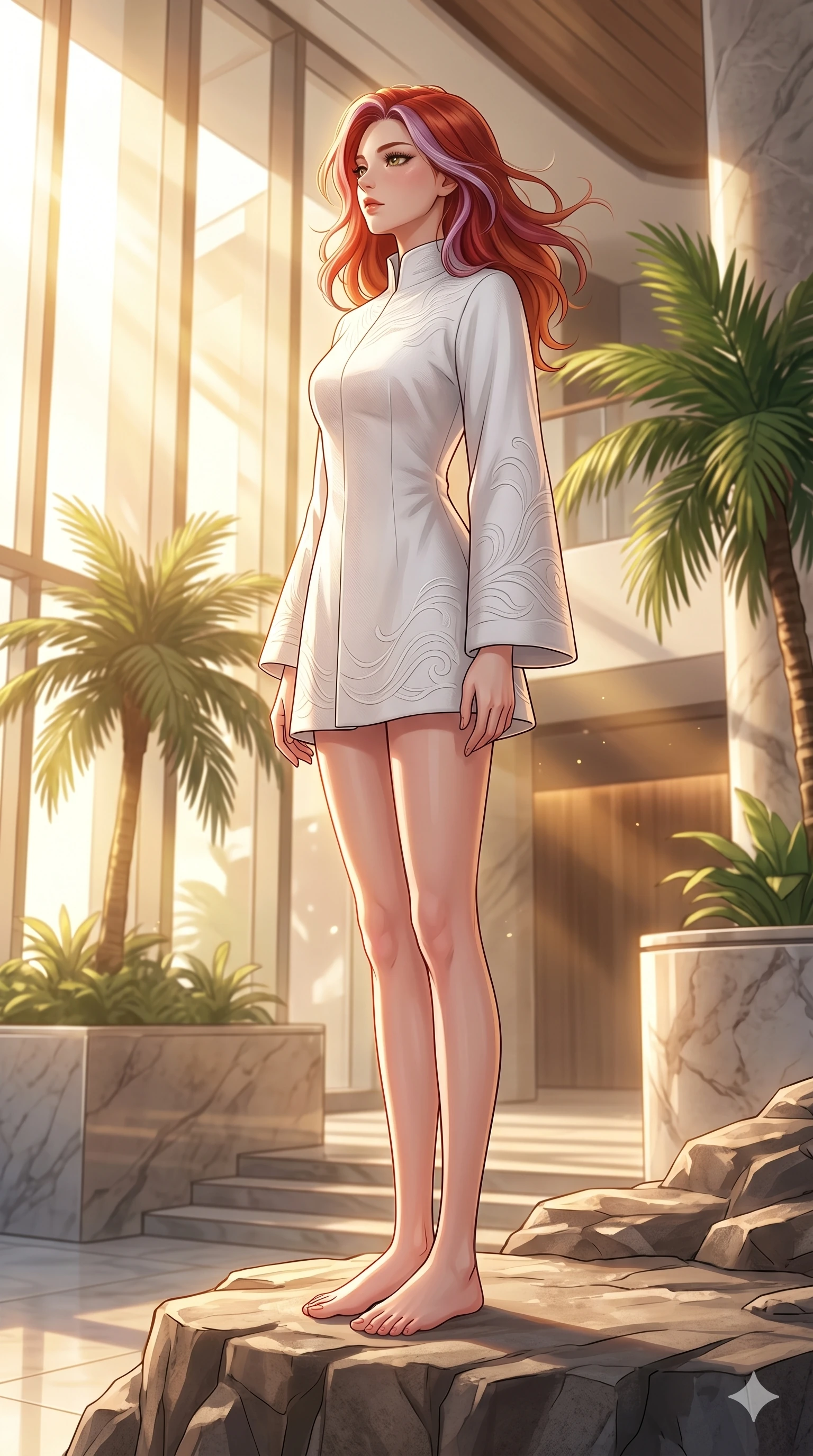score_9, masterpiece, best quality, ultra-detailed, high-budget anime keyframe, editorial fashion photography, tasteful artistic composition, Caucasian woman, strictly human ears. low angle full-body shot from head to toe showing her feet, filling the entire 9:16 vertical frame with her statuesque presence, stretching her vertical silhouette. standing tall on a rocky overlook, her face turned in profile to catch the wind, with a composed expression inside a bright resort spa with indoor palm trees and warm sunbeams (Code-P19-043). She has an absolutely perfect 8-heads proportion, an exceptionally tall and slender female figure with impossibly long slender legs and an ultra-slim waist. V-shaped jawline, high-bridge nose, intricate jewel-like eyes with depth, thick eyelashes, glossy lips with a natural sheen. wearing a structured high-neck resort robe in white organic cotton with wave embroidery. warm glowing resort light filtering through the glass, outlining her V-shaped jawline. 2k, ultra detail, master piece, 9:16 ratio