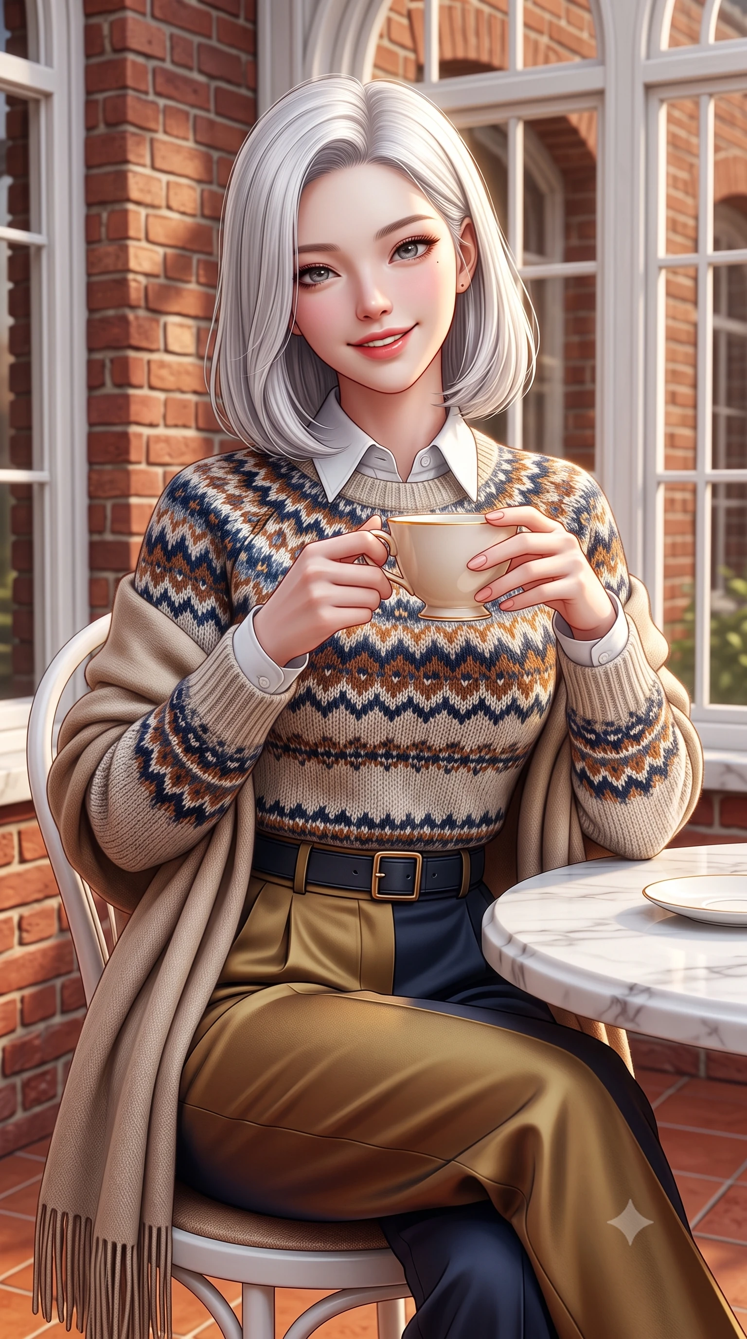 score_9, masterpiece, best quality, ultra-detailed, high-budget anime keyframe, semi-realistic 3D game render, editorial fashion photography, tasteful artistic composition, Korean woman. close-up cowboy shot from the waist and thighs up, the character dominates the composition, filling the frame with her large presence. holding a warm porcelain cup in both hands while tilting her head with an enchanting, beaming smile while sitting poised at a white marble conservatory tea table with hands resting gently on a porcelain cup, exuding high-society grace. The surrounding environment is rendered in vivid detail and crisp panoramic clarity: sharp red-brick masonry relief, delicate white painted window mullions, and fine porcelain teacup glaze in deep focus. She has an exceptionally elegant, slender, and willowy female figure with an ultra-slim waist, flat toned midriff, narrow ribcage, and sculpted feminine hips creating an alluring, slim hourglass silhouette without bulk. sharp v-shaped jawline, high-bridge nose, intricate jewel-like sparkling eyes with depth, thick eyelashes, glossy parted lips with a natural peach sheen, bright cheerful beaming smile with an enchanting and coquettish sensual glint, exuding both youthful cute charm and seductive allure, flawlessly proportioned anatomical accuracy, strict slender model proportions, natural body alignment, perfectly sculpted long slender limbs, ultra-slim waistline, clean dynamic posture without body distortion. wearing a Fair Isle patterned lambswool knit sweater layered over an Oxford button-down shirt with pleated wool trousers in Ginza vintage brass gold and midnight navy, crafted from fluid mulberry silk twill with an understated lustrous pearl finish, accented with a wide brushed cashmere fringe scarf draped elegantly over one shoulder, the structured cinched belt emphasizing her narrow waistline and gracefully balanced proportions with timeless haute-couture polish. illuminated by terracotta floor reflection fill and warm golden rim lights defining her delicate collar and willowy silhouette. highly saturated vibrant anime colors, detailed shading with soft gradients, rich glossy textures, high-contrast stereoscopic depth, volumetric dynamic lighting, master piece, 9:16 ratio