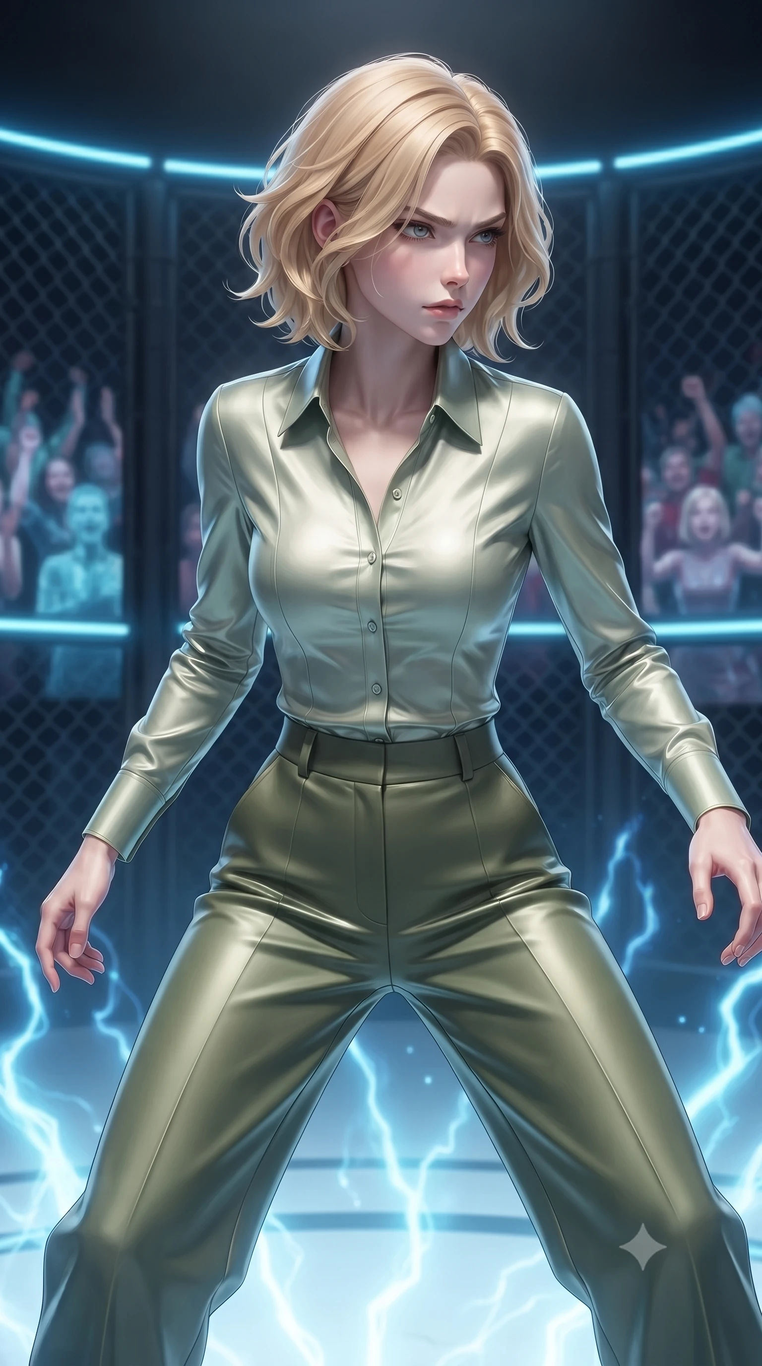 score_9, masterpiece, best quality, ultra-detailed, high-budget anime keyframe, editorial fashion photography, tasteful artistic composition, realistic cosplay photography, Caucasian woman, strictly human ears. close-up cowboy shot from the waist and thighs up, the character dominates the composition, filling the frame with her large presence, background elements kept in soft focus. Standing in a low, ready combat stance, eyes narrowed in sharp concentration. set against a soft-focus background of a circular cage arena surrounded by a digital holographic crowd cheering, neon blue lights tracing the cage bars. She has an exceptionally elegant and slender, willowy female figure with an ultra-slim waist, a gracefully sculpted slender torso, and a refined slim physique. sharp v-shaped jawline, high-bridge nose, intricate jewel-like eyes with depth, thick eyelashes, glossy lips with a natural sheen. wearing tailored for maximum mobility, sleek form-contouring panels that allow fluid movement, a form-contouring pale sage green button-down silk shirt tucked into high-waisted olive green wide-leg trousers. pulsing electric blue plasma arc lighting rising dramatically from below. ultra-reflective glossy finish, specular highlights, metallic sheen, high-contrast stereoscopic depth, volumetric dynamic lighting, 2k, ultra detail, master piece, 9:16 ratio