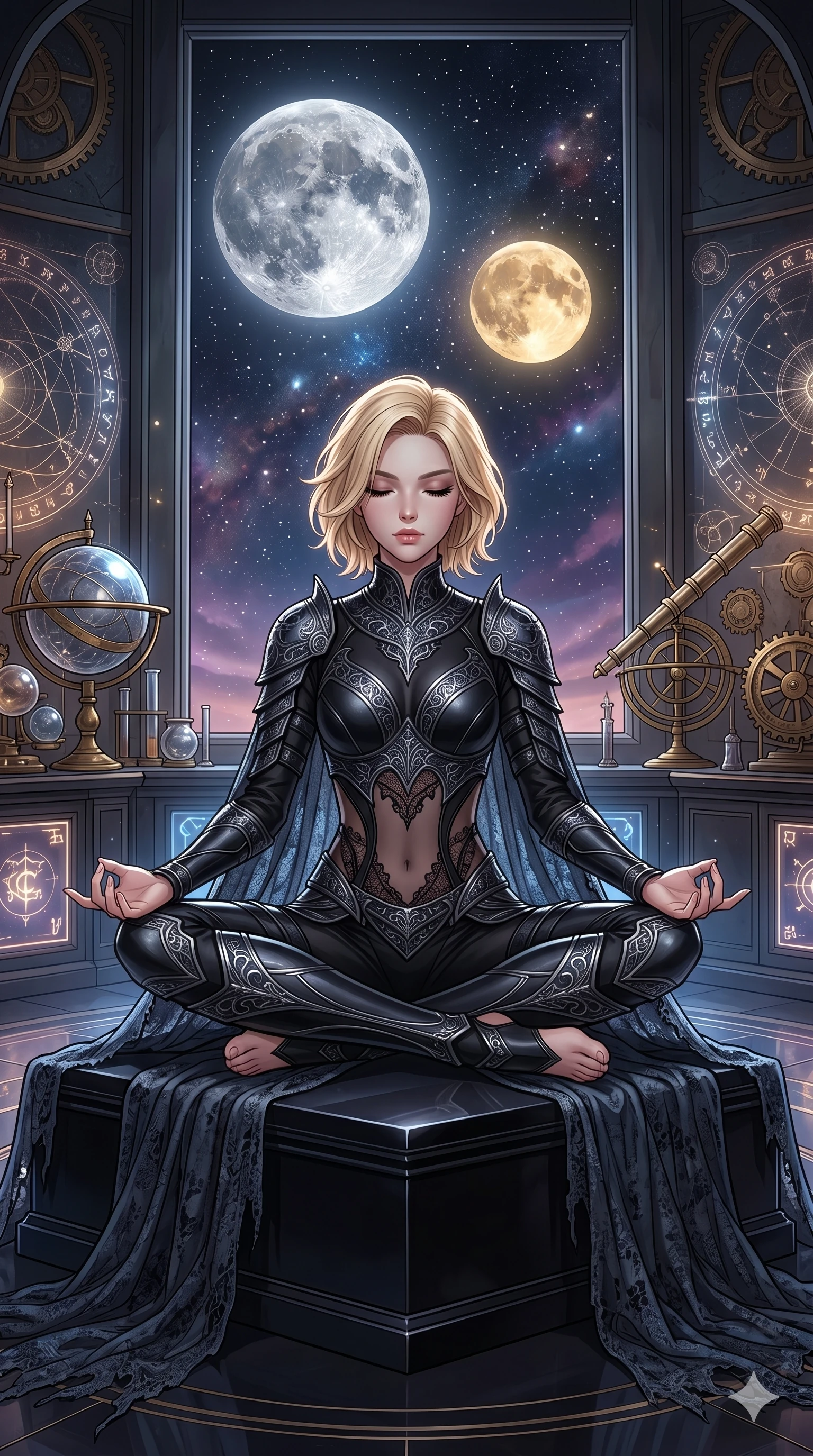 score_9, masterpiece, best quality, ultra-detailed, high-budget anime movie keyframe, cinematic anime lighting, intricate line art, Korean woman. Dynamic full-body shot stretching the vertical silhouette across the 9:16 frame. meditating peacefully in a lunar observatory under a twin-moon sky. She has an absolutely perfect 8-heads proportion, an exceptionally tall and slender female figure with an ultra-slim waist and impossibly long slender legs. sharp v-shaped jawline, high-bridge nose, intricate jewel-like eyes, thick eyelashes, glossy lips. Wearing dark fantasy gothic leather armor with ornate obsidian plates, a tattered lace cape, and sheer mesh cut-outs at the midriff, exuding a mysterious allure. The scene is illuminated by dramatic atmospheric lighting and vibrant color palettes. , 2k, ultra detail, master piece, 9:16 ratio
