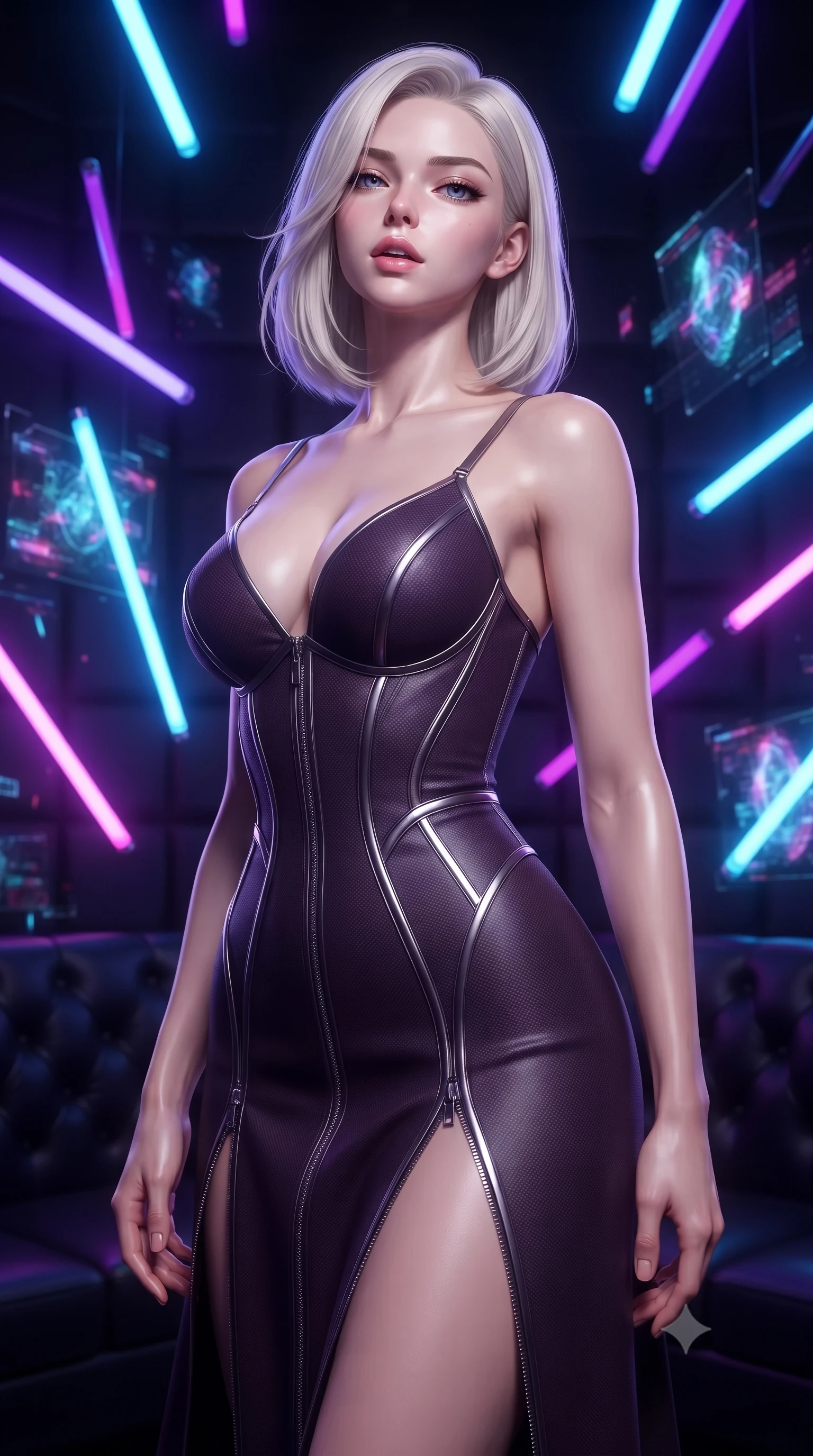 score_9, masterpiece, best quality, ultra-detailed, high-budget anime keyframe, editorial fashion photography, tasteful artistic composition, Caucasian woman. close-up cowboy shot from the waist and thighs up, the character dominates the composition, filling the frame with her large presence, background elements kept in soft focus. Tilting her chin up slightly with lips parted in a composed, magnetic expression, navigating a dark leather-walled VIP room filled with floating neon light tubes, chic urban cyberpunk allure with intense visual presence. She has an exceptionally elegant, slender, and willowy female figure with an ultra-slim waist, a gracefully sculpted slender torso, and a refined silhouette. sharp v-shaped jawline, high-bridge nose, intricate jewel-like eyes with depth, thick eyelashes, glossy lips with a natural sheen. wearing low-cut gothic structured bodice gown with high leg slit in dark plum violet, made of matte carbon-fiber weave, finished with metallic silver boning and sleek zipper points, contouring every curve with an exceptionally elegant silhouette. lit by piercing key rays emerging from deep futuristic shadows. ultra-reflective glossy finish, specular highlights, metallic sheen, high-contrast stereoscopic depth, volumetric dynamic lighting, 2k, ultra detail, master piece, 9:16 ratio