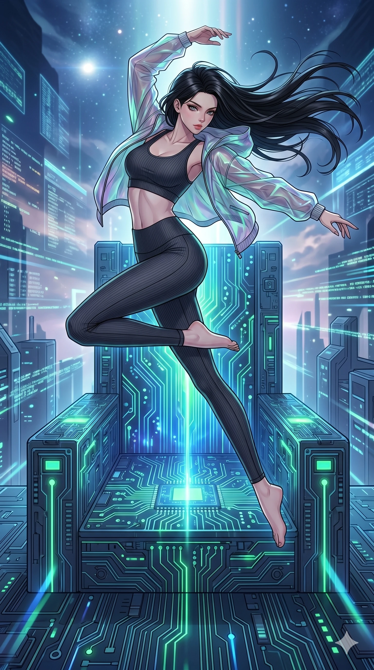 score_9, masterpiece, best quality, ultra-detailed, high-budget anime movie keyframe, cinematic anime lighting, intricate line art, Caucasian (strictly human ears) woman. Mid-air action shot capturing a graceful twist and vertical silhouette. leaping over a giant logic-board throne as it pulses with power. She has an absolutely perfect 8-heads proportion, an exceptionally tall and slender female figure with an ultra-slim waist and impossibly long slender legs. strictly human anatomy, two legs only, no extra limbs, clearly defined legs and arms, perfect anatomy, perfect hands and fingers. sharp v-shaped jawline, high-bridge nose, intricate jewel-like eyes, thick eyelashes, glossy lips. Wearing Premium Athleisure: Ribbed sports bra and leggings set, sheer windbreaker, and sleek high-performance activewear. The scene is illuminated by dramatic atmospheric lighting and vibrant color palettes. , 2k, ultra detail, master piece, 9:16 ratio