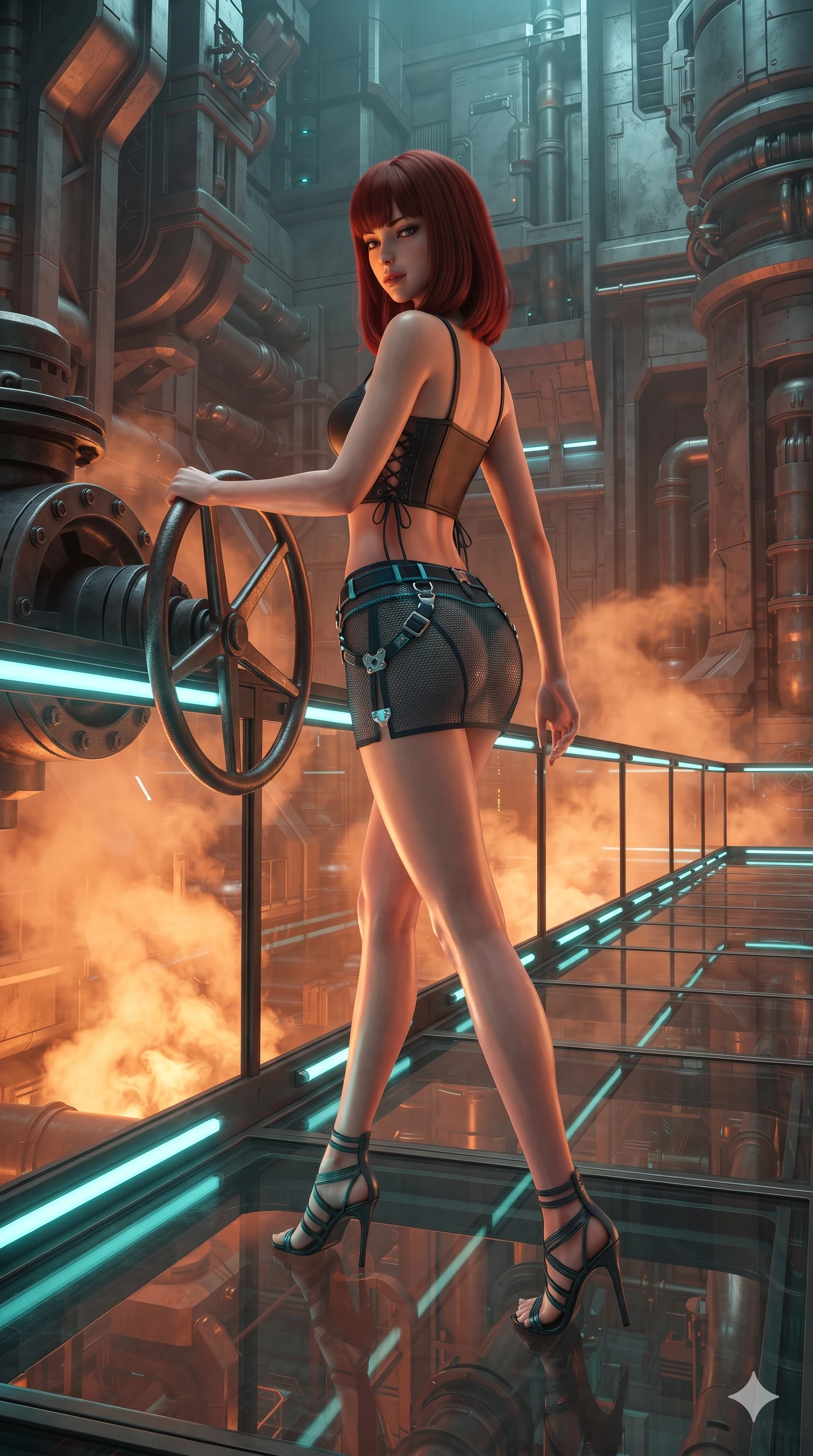 score_9, masterpiece, best quality, ultra-detailed, high-budget anime keyframe, editorial fashion photography, tasteful artistic composition, Caucasian woman. low angle full-body shot from head to toe showing her feet, filling the entire 9:16 vertical frame with her statuesque presence, stretching her vertical silhouette. walking slowly along the transparent glass skybridge, looking back over her shoulder with an air of effortless grace and an alluring, smoldering smile while leaning against the heavy industrial bulkhead valve wheel with hips cocked back, looking through swirling orange steam clouds with heavy-lidded smoldering bedroom-eyes. The surrounding environment is rendered in vivid detail and crisp panoramic clarity: detailed high-tech combat tailoring, brushed alloy accents, and monumental geothermal architecture in razor-sharp precision. She has an absolutely perfect, statuesque 8.5-heads proportion, an exceptionally tall and slender model-like female figure with impossibly long slender legs, an ultra-slim waist, a flat toned midriff, narrow delicate ribcage, and beautifully sculpted feminine hips creating a graceful, slim hourglass silhouette without any bulky heaviness. sharp v-shaped jawline, high-bridge nose, intricate jewel-like sparkling eyes with depth, thick eyelashes, glossy parted lips with a natural sheen, bright confident smile with an enchanting and coquettish sensual glint, exuding both youthful magnetic charm and sovereign high-tech allure, flawlessly proportioned anatomical accuracy, strict slender model proportions, natural body alignment, perfectly sculpted long slender limbs, ultra-slim waistline, clean dynamic posture without body distortion. wearing a sculpted matte carbon underwire crop bustier with lace-up side ties paired with a low-rise micro skirt in deep space navy and laser turquoise, crafted from sheer technical cyber-lace reinforced with ultra-thin Kevlar threads, finished with polished chrome buckle hardware and modular magnetic holster clasps, the form-contouring cut accentuating her sculpted flat midriff, narrow delicate ribcage, and gracefully curvy hips with cybernetic supermodel precision. bathed in the intense warm 2200K furnace glow of subterranean plasma conduits mixed with cool cyan emergency strip lights. ultra-reflective glossy finish, specular highlights, rich textural contrasts, high-contrast stereoscopic depth, volumetric dynamic lighting, 2k, ultra detail, master piece, 9:16 ratio