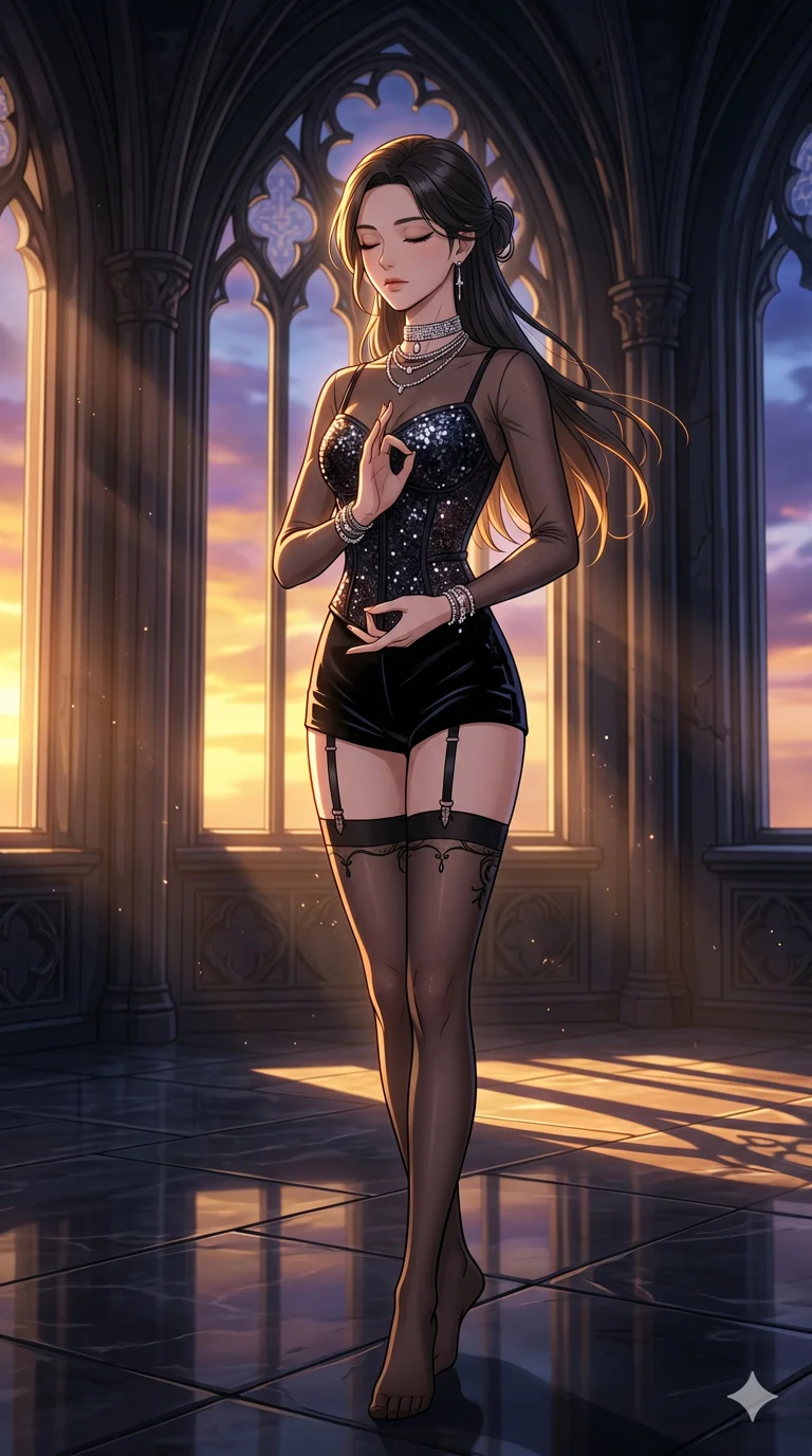 score_9, masterpiece, best quality, ultra-detailed, high-budget anime movie keyframe, cinematic anime lighting, intricate line art, Caucasian (strictly human ears) woman. Dynamic full-body shot stretching the vertical silhouette across the 9:16 frame. meditating peacefully in a gothic obsidian tower during a golden sunset. She has an absolutely perfect 8-heads proportion, an exceptionally tall and slender female figure with an ultra-slim waist and impossibly long slender legs. sharp v-shaped jawline, high-bridge nose, intricate jewel-like eyes, thick eyelashes, glossy lips. Wearing luxurious K-pop idol stage outfit featuring a sparkling sequined corset, high-cut velvet shorts, and sheer silk stockings with garter belts, accessorized with crystal chokers. The scene is illuminated by dramatic atmospheric lighting and vibrant color palettes. , 2k, ultra detail, master piece, 9:16 ratio