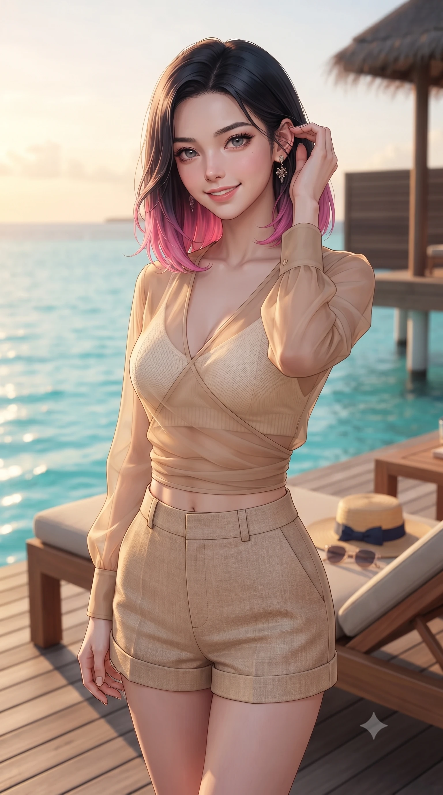 score_9, masterpiece, best quality, ultra-detailed, high-budget anime keyframe, editorial fashion photography, tasteful artistic composition, Korean woman. close-up cowboy shot from the waist and thighs up, the character dominates the composition, filling the frame with her large presence, background elements kept in soft focus. smiling cutely while gently brushing a strand of hair behind her ear set against a soft-focus background of on a private wooden deck of a luxury resort villa overlooking a turquoise lagoon with a straw sunhat and a pair of sunglasses resting on the lounge chair. She has an exceptionally elegant, slender, and willowy female figure with an ultra-slim waist, a gracefully sculpted slender torso, and a refined silhouette. sharp v-shaped jawline, high-bridge nose, intricate jewel-like eyes with depth, thick eyelashes, glossy lips with a natural sheen. wearing form-contouring sheer organza wrap top over a slim-fit knit bralette and low-cut linen shorts. warm, golden resort twilight lighting casting a relaxing, luxurious ambiance. ultra-reflective glossy finish, specular highlights, metallic sheen, high-contrast stereoscopic depth, volumetric dynamic lighting, 2k, ultra detail, master piece, 9:16 ratio