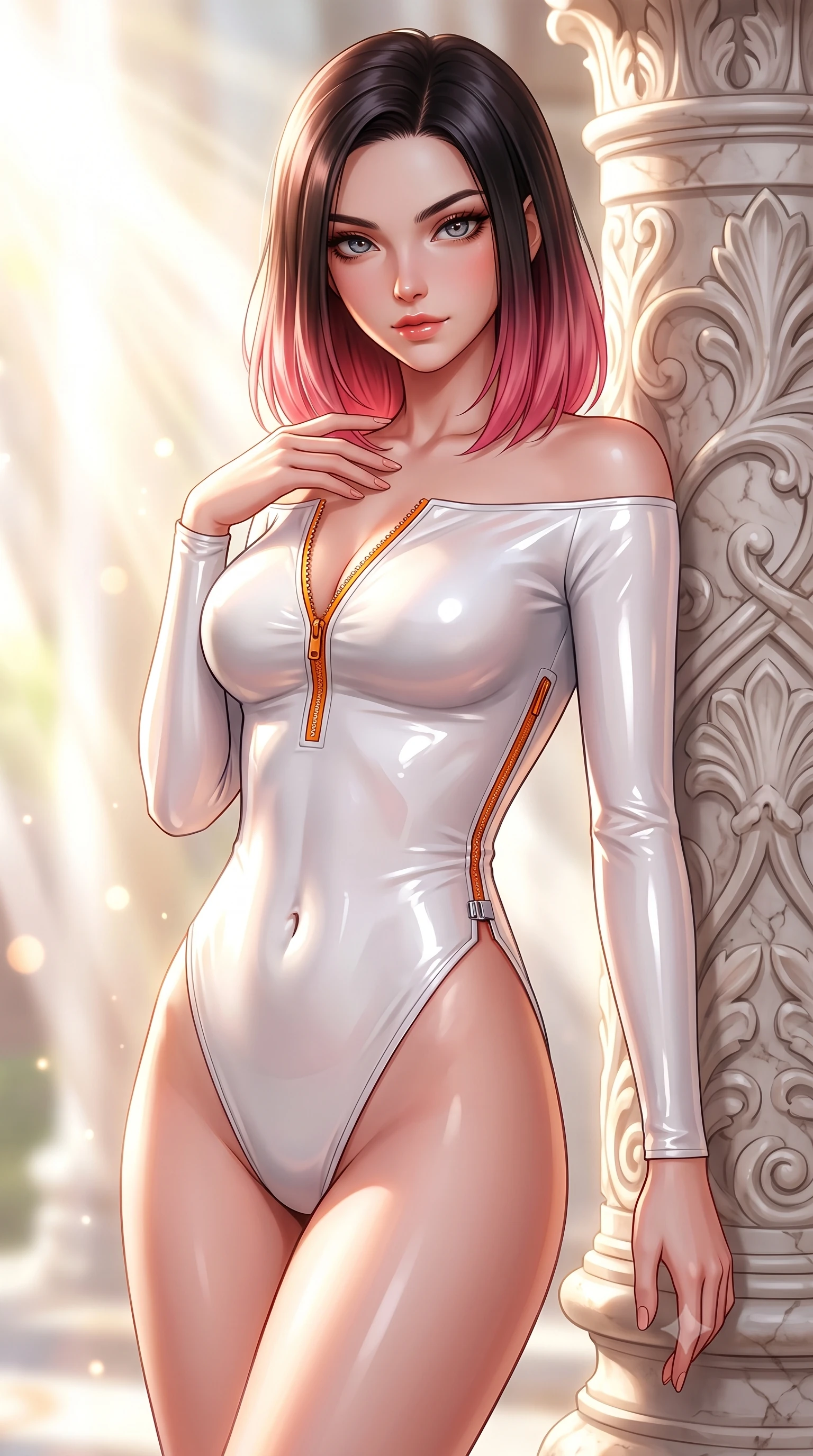 score_9, masterpiece, best quality, ultra-detailed, high-budget anime keyframe, semi-realistic 3D game render, editorial fashion photography, tasteful artistic composition, Korean woman. close-up cowboy shot from the waist and thighs up, the character dominates the composition, filling the frame with her large presence. leaning forward with a dangerous, enticing smolder, resting one hand near her collarbone while casting a fiery, magnetic direct gaze while resting against an intricately carved marble column with a sovereign, captivating smile looking directly into the lens. The composition keeps background elements in soft focus with creamy bokeh. brilliant Mediterranean sunlight scattering radiant light curtains across a soft-focus backdrop. She has an exceptionally elegant, slender, and willowy female figure with an ultra-slim waist, a gracefully sculpted slender torso, toned flat midriff, and a refined slim silhouette. sharp v-shaped jawline, high-bridge nose, intricate jewel-like eyes with depth, thick eyelashes, glossy lips with a natural sheen, flawlessly proportioned anatomical accuracy, strict slender model proportions, natural body alignment, perfectly sculpted long slender limbs, ultra-slim waistline, clean dynamic posture without body distortion. wearing a glossy white second-skin latex bodysuit with high-thigh cuts, exposed clavicle neckline, and gleaming zipper details in vivid sunset amber orange and cloud white, made of liquid metal jersey that clings flawlessly to every contour of her build, finished with an ultra-high side slit secured by miniature magnetic clasps, the form-contouring material adhering flawlessly to her sculpted flat midriff and slender torso, emphasizing her long leg lines and perfectly proportioned willowy build. surrounded by a majestic, radiant, and intensely alluring solar goddess atmosphere. highly saturated vibrant anime colors, detailed shading with soft gradients, rich glossy textures, high-contrast stereoscopic depth, volumetric dynamic lighting, master piece, 9:16 ratio