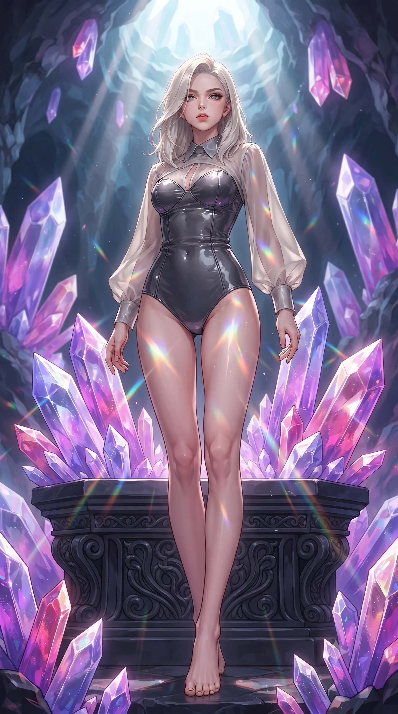 score_9, masterpiece, best quality, ultra-detailed, high-budget anime keyframe, editorial fashion photography, tasteful artistic composition, Caucasian woman. low angle full-body shot from head to toe showing her feet, filling the entire 9:16 vertical frame with her statuesque presence, stretching her vertical silhouette. forging dynamically through the scene, her vertical silhouette beautifully stretched resting on a carved obsidian altar surrounded by radiant crystal shards, massive violet and magenta crystal facets scattering prismatic light rays. She has an absolutely perfect, statuesque 8.5-heads proportion, an exceptionally tall and slender model-like female figure with impossibly long slender legs and an ultra-slim waist. sharp v-shaped jawline, high-bridge nose, intricate jewel-like eyes with depth, thick eyelashes, glossy lips with a natural sheen. wearing a tailored leather bustier over a sheer silk chiffon blouse in charcoal grey and platinum, tailored from high-gloss patent leather, accented with a Tasteful chest slit framing her clavicle gracefully, the sleek second-skin texture accentuating her magnetic presence. bathed in brilliant prismatic light filtering from a natural cavern skylight. highly saturated vibrant anime colors, detailed shading with soft gradients, rich glossy textures, high-contrast stereoscopic depth, volumetric dynamic lighting, master piece, 9:16 ratio