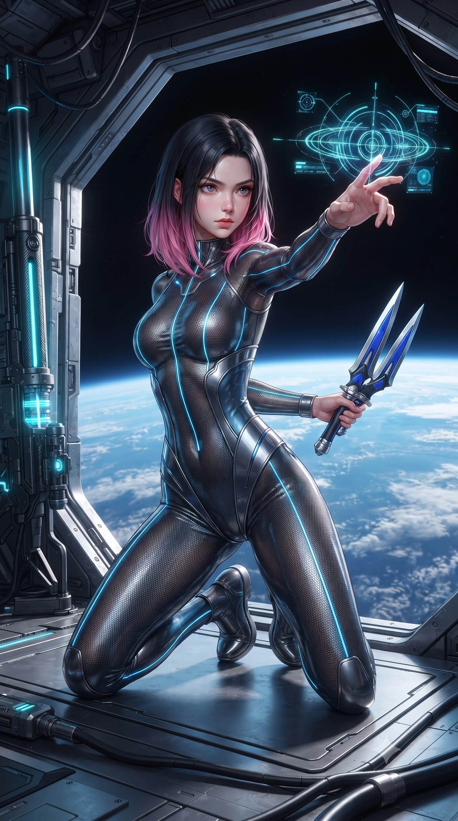 score_9, masterpiece, best quality, ultra-detailed, high-budget anime keyframe, editorial fashion photography, tasteful artistic composition, Korean woman. close-up cowboy shot from the waist and thighs up, the character dominates the composition, filling the frame with her large presence. extending one arm gracefully as glowing holographic targeting reticles and data streams orbit her fingertips with sovereign power while kneeling gracefully on one knee along the hangar edge with railgun primed as Earth's blue curvature shines below. The surrounding environment is rendered in vivid detail and crisp panoramic clarity. sharp carbon-fiber rifle barrel weave, glowing blue railgun accelerator coils, and space station rivets in deep focus. She has an exceptionally elegant, slender, and willowy female figure with an ultra-slim waist, a gracefully sculpted slender torso, toned flat midriff, and a refined slim silhouette. sharp v-shaped jawline, high-bridge nose, intricate jewel-like eyes with depth, thick eyelashes, glossy lips with a natural sheen, flawlessly proportioned anatomical accuracy, strict slender model proportions, natural body alignment, perfectly sculpted long slender limbs, ultra-slim waistline, clean dynamic posture without body distortion. wearing an aerodynamic dark titanium carbon-mesh jumper with glowing blue fiber lines, holding twin chrome vibro-daggers with deadly supermodel poise in electric cobalt blue carbon with polished platinum trim, crafted from semi-translucent cybernetic carbon-vinyl interwoven with glowing micro-filaments, detailed with magnetic weapon holsters and polished chrome connection clasps, the form-contouring material adhering flawlessly to her sculpted flat midriff and slender torso, emphasizing her long leg lines and perfectly proportioned willowy build. illuminated by glowing cyan rifle charging lights and sharp specular highlights tracing her slender curves. ultra-reflective glossy finish, specular highlights, dark metallic sheen, high-contrast stereoscopic depth, volumetric dynamic lighting, 2k, ultra detail, master piece, 9:16 ratio
