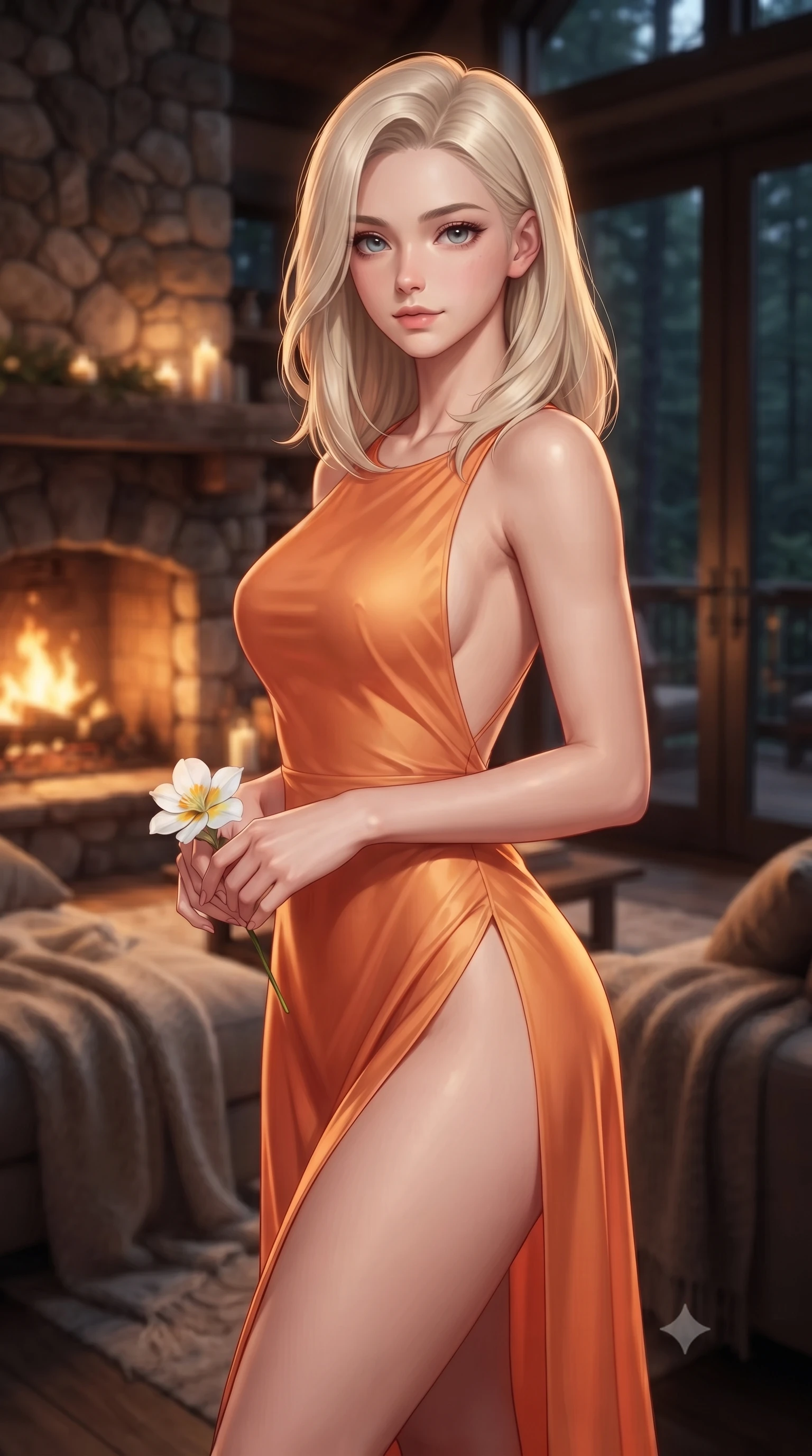 score_9, masterpiece, best quality, ultra-detailed, high-budget anime keyframe, editorial fashion photography, tasteful artistic composition, Caucasian woman woman. close-up cowboy shot from the waist and thighs up, the character dominates the composition, filling the frame with her large presence, background elements kept in soft focus. gazing directly at the viewer with a calm and welcoming expression, holding a fresh flower the background shows a soft-focus a cozy lounge with a rustic fireplace, soft blankets, and large glass doors facing a forest. She has an exceptionally elegant, slender, and willowy female figure with an ultra-slim waist, a gracefully sculpted slender torso, and a refined silhouette. sharp v-shaped jawline, high-bridge nose, intricate jewel-like eyes with depth, thick eyelashes, glossy lips with a natural sheen. wearing a form-contouring high-slit resort gown in sunset orange chiffon, featuring a daring thigh-slit and open back. the warm orange flicker of the hearth fire casting cozy shadows. ultra-reflective glossy finish, specular highlights, metallic sheen, high-contrast stereoscopic depth, volumetric dynamic lighting, 2k, ultra detail, master piece, 9:16 ratio