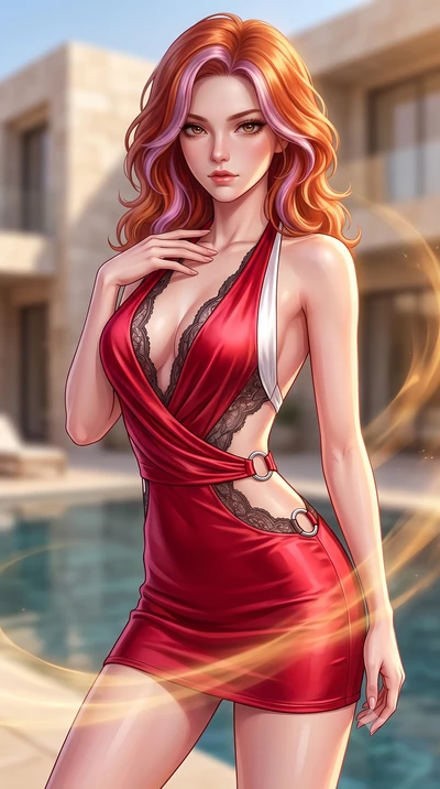 score_9, masterpiece, best quality, ultra-detailed, high-budget anime keyframe, semi-realistic 3D game render, editorial fashion photography, tasteful artistic composition, Caucasian woman. close-up cowboy shot from the waist and thighs up, the chara