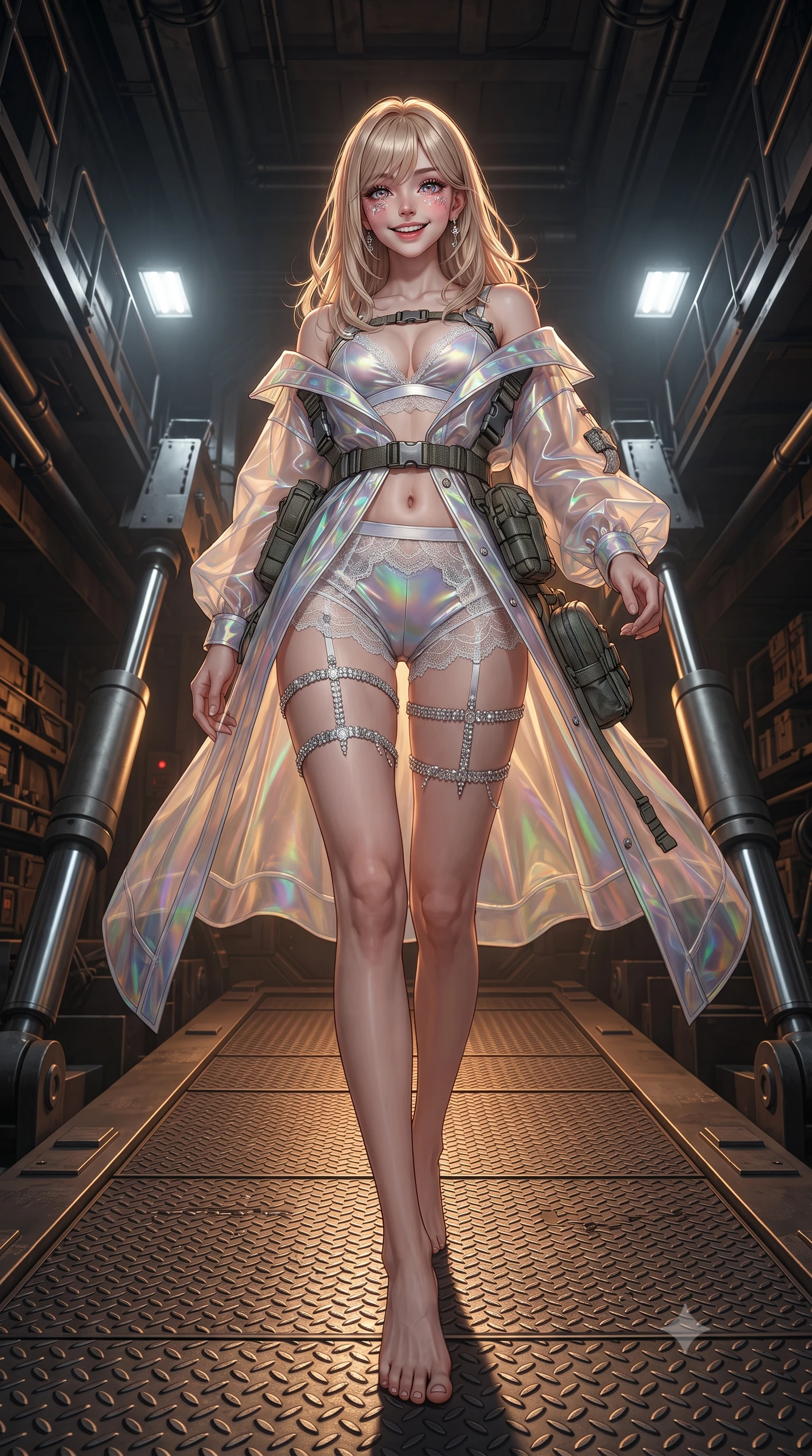 score_9, masterpiece, best quality, ultra-detailed, high-budget anime keyframe, editorial fashion photography, tasteful artistic composition, Japanese woman. low angle full-body shot from head to toe showing her feet, filling the entire 9:16 vertical frame with her statuesque presence, stretching her vertical silhouette. stepping forward in a confident stride, her long slender legs and curvaceous hips creating a dynamic, sweeping vertical line while standing poised on the industrial diamond-tread blast ramp between colossal hydraulic recoil pistons, arching her lower back with commanding warrior presence. The surrounding environment is rendered in vivid detail and crisp panoramic clarity: detailed tactical coat texture, combat webbing accents, and monumental subterranean fortress engineering in high resolution. She has an exceptionally tall and slender model-like 8.5-heads proportion, an ultra-slim waist, a flat toned midriff, narrow delicate ribcage, and beautifully sculpted feminine hips creating a graceful, slim hourglass silhouette without any bulky heaviness, with impossibly long slender legs. sharp v-shaped jawline, high-bridge nose, intricate jewel-like sparkling eyes with depth, thick eyelashes, glossy parted lips with a natural peach sheen, bright cheerful beaming smile with an enchanting and coquettish sensual glint, exuding both youthful cute charm and seductive allure, flawlessly proportioned anatomical accuracy, strict slender model proportions, natural body alignment, perfectly sculpted long slender limbs, ultra-slim waistline, clean dynamic posture without body distortion. wearing a translucent iridescent organza tactical robe slipping off bare shoulders over a matching satin micro-bralette and combat shorts in solar-sail rainbow diffraction and titanium white, made of delicate semi-sheer French Chantilly lace with intricate eyelash edges, finished with delicate crystal-encrusted thigh garter straps glinting in the dim light, the second-skin tailored fabric adhering flawlessly to her sculpted flat midriff and slender torso, emphasizing her long leg lines and perfectly proportioned willowy build. bathed in high-contrast industrial amber hazard lighting combined with cool white work floodlights. ultra-reflective glossy finish, specular highlights, rich textural contrasts, high-contrast stereoscopic depth, volumetric dynamic lighting, 2k, ultra detail, master piece, 9:16 ratio