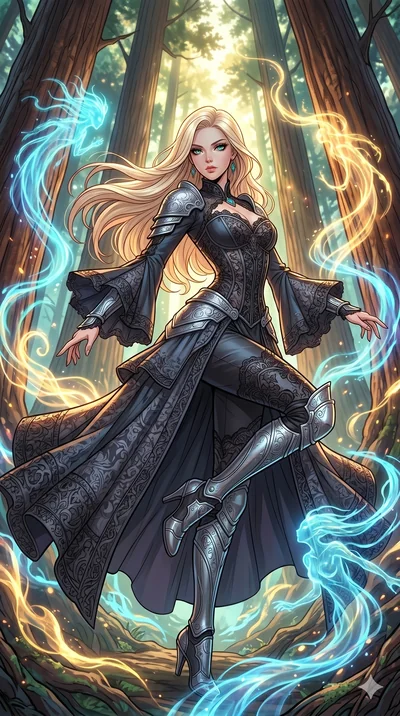 score_9, masterpiece, best quality, ultra-detailed, high-budget anime movie keyframe, cinematic anime lighting, intricate line art, Korean anime girl. Low angle cowboy shot capturing a powerful motion and statuesque presence. dancing in a circle of a