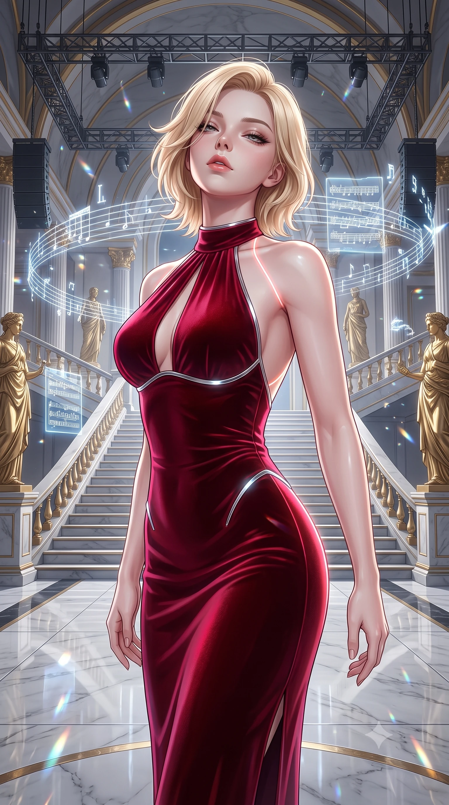 score_9, masterpiece, best quality, ultra-detailed, high-budget anime keyframe, semi-realistic 3D game render, editorial fashion photography, tasteful artistic composition, Caucasian woman. close-up cowboy shot from the waist and thighs up, the character dominates the composition, filling the frame with her large presence. tilting her head back with a sensual alluring expression, exposing her throat and shoulders to the camera with heavy lashes and softly parted glossy lips while pivoting dynamically on a grand marble staircase flanked by golden statues and holographic musical scores. The surrounding environment is rendered in vivid detail and crisp panoramic clarity. sharp marble floor reflections, detailed stage rigging, and holographic light glyphs in high resolution. She has an exceptionally elegant, slender, and willowy female figure with an ultra-slim waist, a gracefully sculpted slender torso, and a refined silhouette. sharp v-shaped jawline, high-bridge nose, intricate jewel-like eyes with depth, thick eyelashes, glossy lips with a natural sheen, flawlessly proportioned anatomical accuracy, natural body alignment, perfectly sculpted elegant limbs, clean dynamic posture without body distortion. wearing a velvet halter-neck midi dress fitting her statuesque contour flawlessly with a Tasteful chest slit and open spine in deep ruby red and polished chrome accents, made of smooth iridescent silk chiffon that shifts colors with movement, accented with glowing fiber-optic seams tracing her collarbones and hip curves, the daring cutouts accentuating her delicate midriff, graceful collarbones, and feminine contour. illuminated by sparkling crystal refractions and crisp white front key lighting. highly saturated vibrant anime colors, detailed shading with soft gradients, rich glossy textures, high-contrast stereoscopic depth, volumetric dynamic lighting, master piece, 9:16 ratio