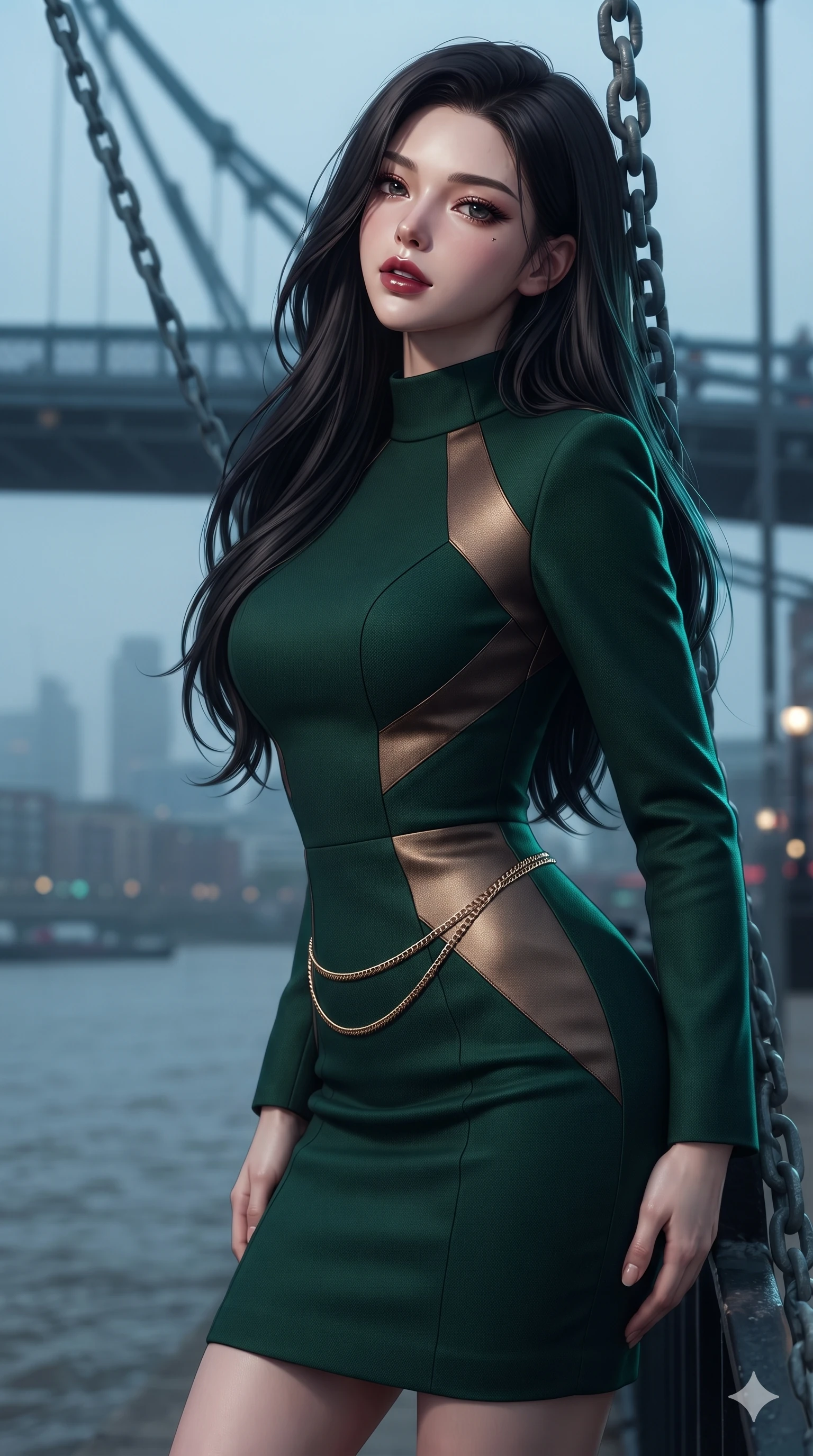 score_9, masterpiece, best quality, ultra-detailed, high-budget anime keyframe, editorial fashion photography, tasteful artistic composition, Korean woman. close-up cowboy shot from the waist and thighs up, the character dominates the composition, filling the frame with her large presence. tilting her head with a teasing half-smile, running one hand slowly down the side of her hip in a flirtatious S-curve as ambient neon caresses her silhouette while leaning back against the historic suspension chain with sovereign elegance, casting a sultry bedroom-gaze over her shoulder. The background shows a soft-focus suspension bridge cables and foggy Thames expanse softened in riverfront shallow focus. She has an exceptionally elegant, slender, and willowy female figure with an ultra-slim waist, flat toned midriff, narrow ribcage, and sculpted feminine hips creating an alluring, slim hourglass silhouette without bulk. sharp v-shaped jawline, high-bridge nose, intricate jewel-like dark sparkling eyes with dangerous depth, thick curled eyelashes, glossy parted lips with a rich wine sheen, smoldering seductive half-smile with bedroom-eyes, exuding effortless superiority and intoxicating dark allure, flawlessly proportioned anatomical accuracy, strict slender model proportions, natural body alignment, perfectly sculpted long slender limbs, ultra-slim waistline, clean dynamic posture without body distortion. wearing a bespoke structured mock-neck evening sheath dress with crisp geometric seams in dark emerald green and brushed antique bronze, woven from bespoke high-density barathea wool with refined ceremonial hold, finished with a delicate gold snake chain belt resting loosely across her curvy hips, the bespoke structured tailoring following the natural line of her 8.5-heads silhouette with refined elegance. illuminated by river water reflection bounce and sharp electric-cyan rim lights sculpting her razor-sharp jawline, narrow waist, and curvy hips. ultra-reflective glossy finish, specular highlights, rich textural contrasts, high-contrast stereoscopic depth, volumetric dynamic lighting, 2k, ultra detail, master piece, 9:16 ratio