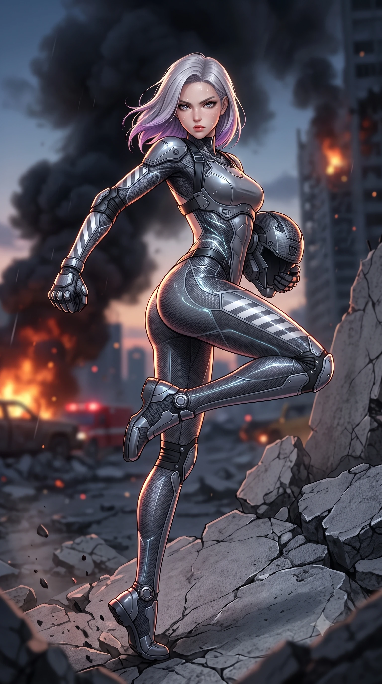score_9, masterpiece, best quality, ultra-detailed, high-budget anime keyframe, semi-realistic 3D game render, editorial fashion photography, tasteful artistic composition, Caucasian woman. low angle full-body shot from head to toe showing her feet, filling the entire 9:16 vertical frame with her statuesque presence, stretching her vertical silhouette. pivoting dynamically in a high-speed low sweep kick along the cracked concrete, her athletic torso and ultra-slim waist twisting in a fluid arc of power while pivoting dynamically on crumbling concrete rubble as black smoke plumes and distant emergency fires illuminate her statuesque silhouette. The composition keeps background elements in soft focus with creamy bokeh. raging horizon fires and shattered skyscraper silhouettes blurred into dramatic charcoal, amber, and blood-crimson bokeh. She has an absolutely perfect, statuesque 8.5-heads proportion, an exceptionally tall and slender model-like female figure with impossibly long slender legs, a toned flat midriff, and an ultra-slim waist. sharp v-shaped jawline, high-bridge nose, intricate jewel-like eyes with depth, thick eyelashes, glossy lips with a natural sheen, fierce and resolute heroine expression, flawlessly proportioned anatomical accuracy, strict slender model proportions, natural body alignment, perfectly sculpted long slender limbs, ultra-slim waistline, clean dynamic posture without body distortion. holding a modular carbon battle-helmet under one arm, her flawless face and sculpted neck exposed to the rain with determined warrior focus, paired with a tailored tactical combat jumpsuit with an open-back harness design, reinforced composite breastplate, and high-mobility elbow dampers in storm-grey carbon mesh with high-contrast white hazard stripes, crafted from semi-translucent cybernetic carbon-vinyl interwoven with glowing micro-filaments, detailed with kinetic shock-dampening knuckle guards and polished chrome connection joints, the sleek second-skin cut tightly hugging her graceful clavicle, narrow waist, and feminine curves with athletic precision. illuminated by crisp white key lighting with sharp specular highlights tracing her sculpted armor and slender curves. rich saturated anime colors with glowing neon highlights, detailed shading with soft gradients, rich glossy textures, high-contrast stereoscopic depth, volumetric dynamic lighting, master piece, 9:16 ratio