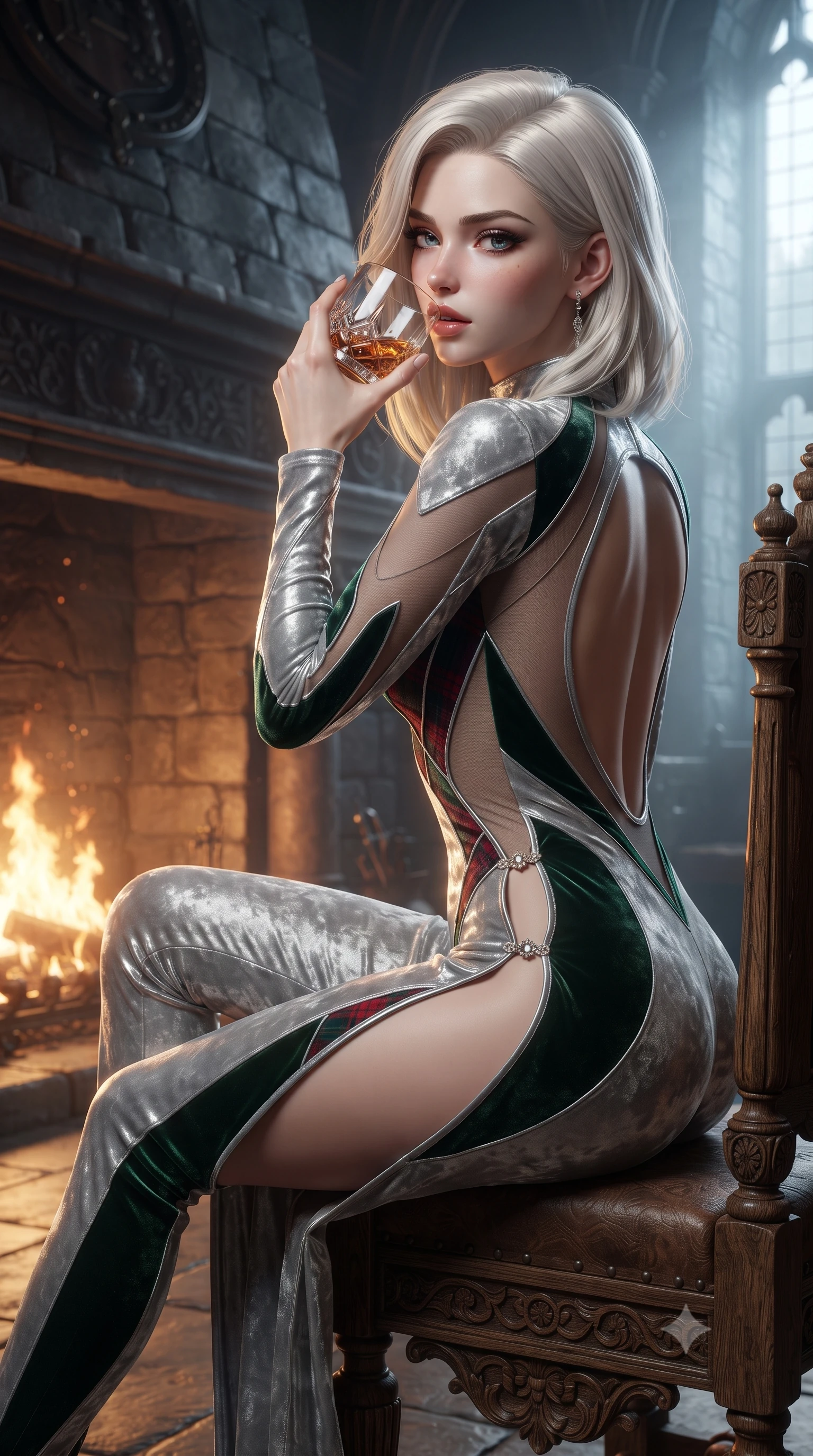 score_9, masterpiece, best quality, ultra-detailed, high-budget anime keyframe, editorial fashion photography, tasteful artistic composition, Caucasian woman. close-up cowboy shot from the waist and thighs up, the character dominates the composition, filling the frame with her large presence. leaning back with relaxed seductive grace, her sculpted collarbones and narrow waist highlighted as she casts smoldering bedroom-eyes directly into the camera while sitting high on an antique carved oak throne before a roaring stone fireplace with legs crossed, raising a crystal dram to her parted glossy lips while looking over her shoulder. The surrounding environment is rendered in vivid detail and crisp panoramic clarity. rich high-contrast Scottish heritage chiaroscuro and atmospheric ancient fortress romance rendered with precision. She has an exceptionally elegant, slender, and willowy female figure with an ultra-slim waist, flat toned midriff, narrow ribcage, and sculpted feminine hips creating an alluring, slim hourglass silhouette without bulk. sharp v-shaped jawline, high-bridge nose, intricate jewel-like eyes with depth, thick eyelashes, glossy parted lips with a natural sheen, intensely captivating and seductive bedroom-eyes expression, flawlessly proportioned anatomical accuracy, strict slender model proportions, natural body alignment, perfectly sculpted long slender limbs, ultra-slim waistline, clean dynamic posture without body distortion. wearing a liquid-silver aerodynamic space-couture catsuit with an open scooped back and sheer contouring mesh hip panels in deep emerald green velvet and royal tartan crimson, crafted from heavyweight crushed silk velvet with liquid vintage luster, finished with an ultra-high side slit secured by miniature jeweled clasps, the precision-cut side openings and low-back scoop framing her graceful spine and the sensual sweep of her slim, toned hips. bathed in roaring stone hearth firelight from below and cool misty daylight streaming from towering castle windows. ultra-reflective glossy finish, specular highlights, rich textural contrasts, high-contrast stereoscopic depth, volumetric dynamic lighting, 2k, ultra detail, master piece, 9:16 ratio