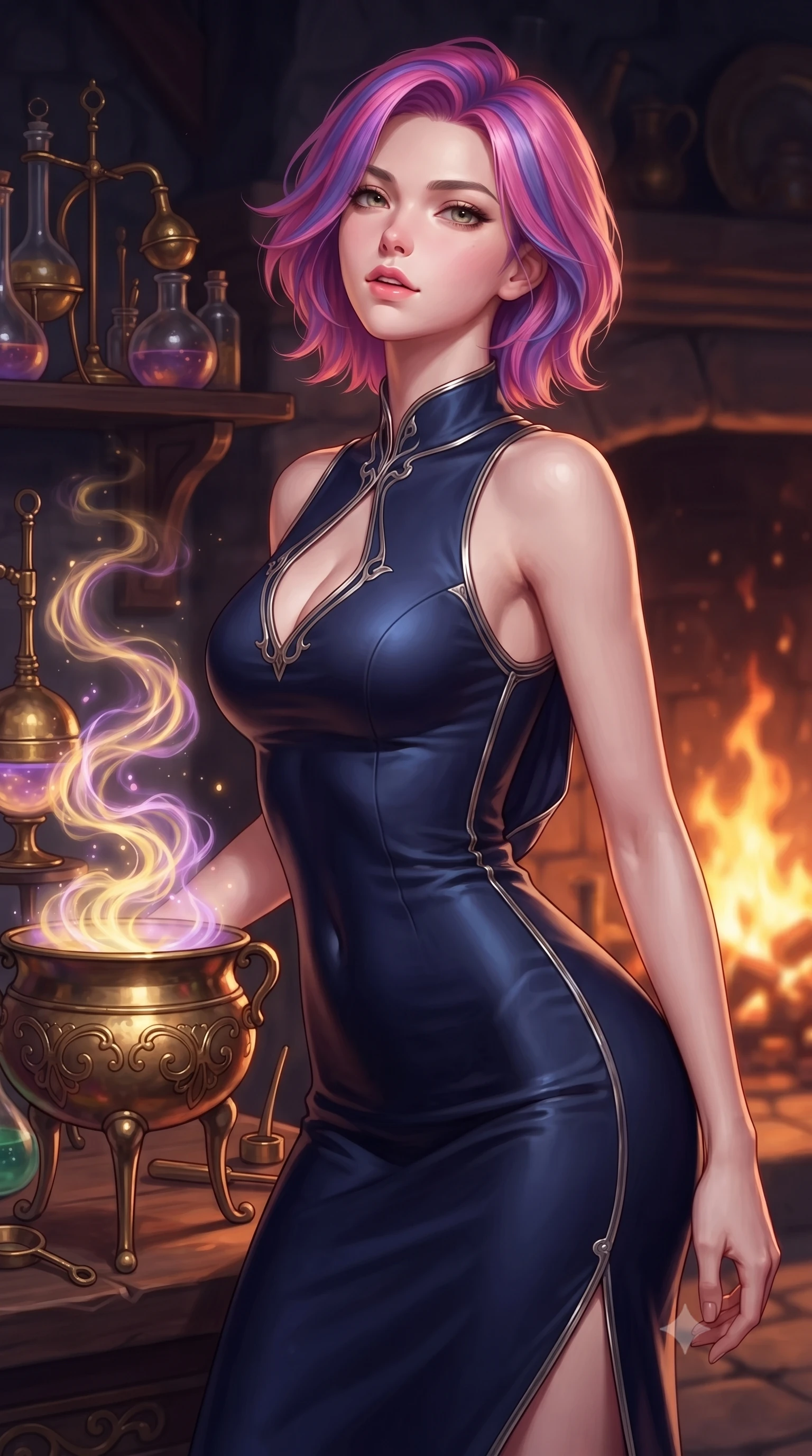 score_9, masterpiece, best quality, ultra-detailed, high-budget anime keyframe, editorial fashion photography, tasteful artistic composition, Caucasian woman. close-up cowboy shot from the waist and thighs up, the character dominates the composition, filling the frame with her large presence, background elements kept in soft focus. Tilting her chin up slightly with lips parted in a magnetic, composed expression poised beside a brass potion cauldron emitting glowing golden and violet vapors, intricate brass alchemy tools and glass retorts reflecting warm hearth fire. She has an exceptionally elegant, slender, and willowy female figure with an ultra-slim waist, a gracefully sculpted slender torso, and a refined silhouette. sharp v-shaped jawline, high-bridge nose, intricate jewel-like eyes with depth, thick eyelashes, glossy lips with a natural sheen. wearing a precision-fitted liquid jersey bodycon dress with a draped back in midnight navy blue and chrome trim, crafted from smooth liquid silk, accented with a Tasteful chest slit framing her clavicle gracefully, the tailored fabric tightly following every curve of her athletic build. illuminated by amber potion flames and sparkling spore highlights. highly saturated vibrant anime colors, detailed shading with soft gradients, rich glossy textures, high-contrast stereoscopic depth, volumetric dynamic lighting, master piece, 9:16 ratio