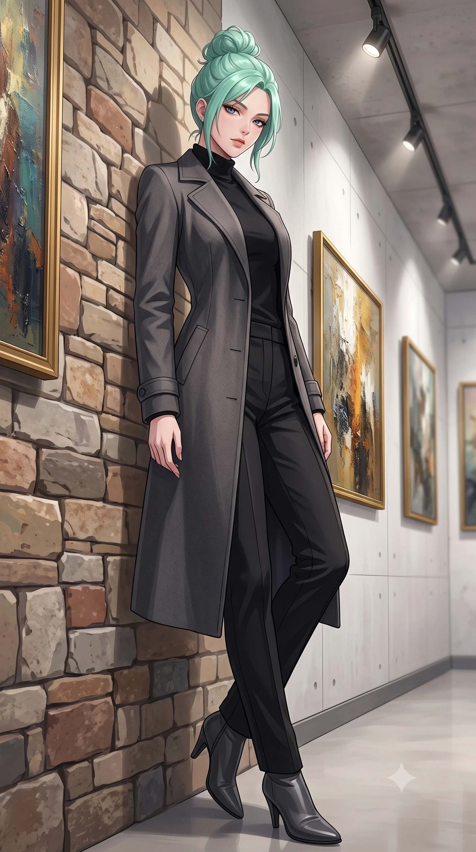 score_9, masterpiece, best quality, ultra-detailed, high-budget anime keyframe, tasteful artistic composition, Japanese woman. low angle full-body shot from head to toe showing her feet, filling the entire 9:16 vertical frame with her statuesque presence, stretching her vertical silhouette. leaning back against a rustic stone wall, casting a slow, alluring gaze at the camera the background shows a soft-focus a private art gallery corridor with white concrete walls and abstract oil paintings. She has an absolutely perfect, statuesque 8.5-heads proportion, an exceptionally tall and slender model-like female figure with impossibly long slender legs and an ultra-slim waist. sharp v-shaped jawline, high-bridge nose, intricate jewel-like eyes with depth, thick eyelashes, glossy lips with a natural sheen. wearing a form-contouring tailored wool trench coat in charcoal grey, worn closed over a black cashmere turtleneck and trousers. focused art spotlights casting clean, structured lighting over her figure. highly saturated vibrant anime colors, cel-shading, 2d style, master piece, 9:16 ratio