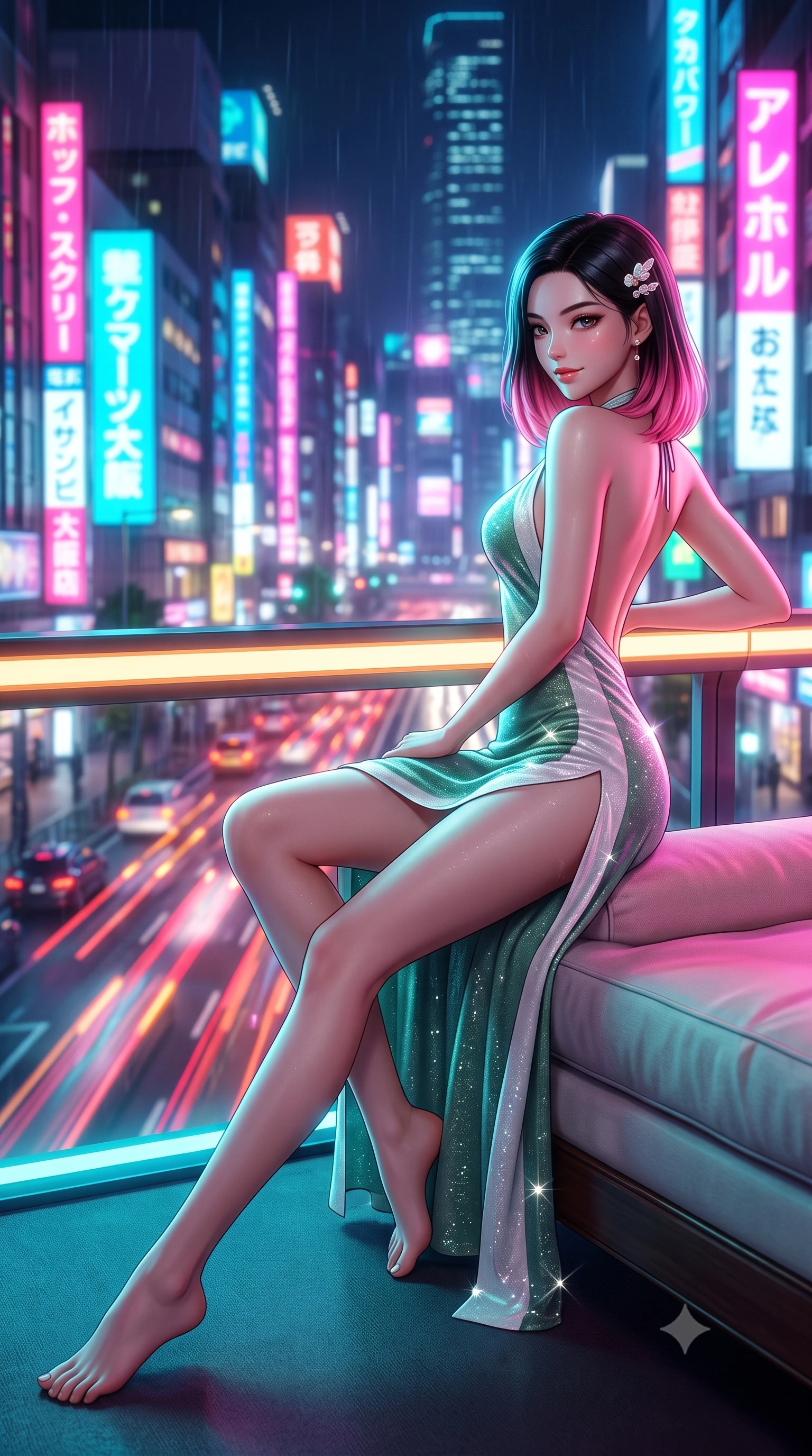 score_9, masterpiece, best quality, ultra-detailed, high-budget anime keyframe, semi-realistic 3D game render, editorial fashion photography, tasteful artistic composition, Korean woman. low angle full-body shot from head to toe showing her feet, filling the entire 9:16 vertical frame with her statuesque presence, stretching her vertical silhouette. lounging on the lavish daybed with legs crossed and hips angled toward the camera, displaying her toned midriff and long slender limbs with effortless siren poise while leaning against the illuminated highway safety rail with hips cocked back, looking over a bare shoulder toward roaring traffic trails below. The background shows a soft-focus speeding car light trails, towering neon skyscraper advertisements, and misty night rain blurred into electric fuchsia, cyan, and amber bokeh. She has an absolutely perfect, statuesque 8.5-heads proportion, an exceptionally tall and slender model-like female figure with impossibly long slender legs, an ultra-slim waist, a flat toned midriff, narrow delicate ribcage, and beautifully sculpted feminine hips creating a graceful, slim hourglass silhouette without any bulky heaviness. sharp v-shaped jawline, high-bridge nose, sparkling eyes with hypnotic seductive depth, thick curled eyelashes, glossy parted lips with a natural dewy peach sheen, alluring bedroom-eyes with an enchanting coquettish smile, exuding magnetic siren charisma and sophisticated glamour, flawlessly proportioned anatomical accuracy, strict slender model proportions, natural body alignment, perfectly sculpted long slender limbs, ultra-slim waistline, clean dynamic posture without body distortion. wearing a slinky backless halterneck column mini dress in shimmering stretch lurex with deep side slits in moonlit jade green and pure alabaster white with silver accents, woven from stretch metallic lurex jersey casting radiant starlight glints across her silhouette, finished with delicate mother-of-pearl hairpin ornaments glinting in her dark glossy hair, the form-contouring silhouette accentuating her sculpted flat midriff, narrow delicate ribcage, and gracefully curvy hips with intoxicating allure. bathed in dynamic dual-tone neon lighting spilling from towering Japanese billboard displays. highly saturated vibrant anime colors, detailed shading with soft gradients, rich glossy textures, high-contrast stereoscopic depth, volumetric dynamic lighting, master piece, 9:16 ratio